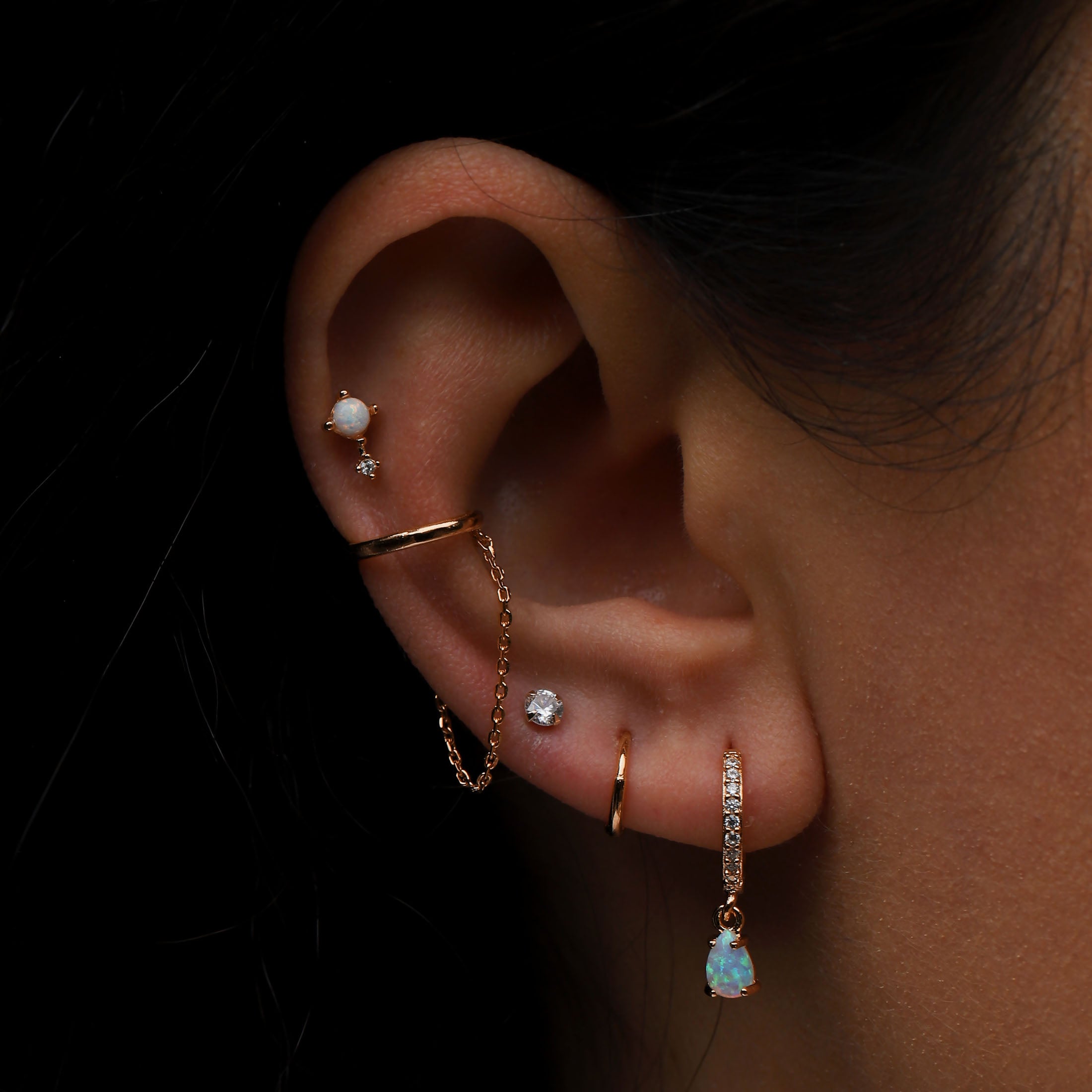 Chance Opal & Gem Tragus Helix & Cartilage Ear Piercing On Model - Rose Gold