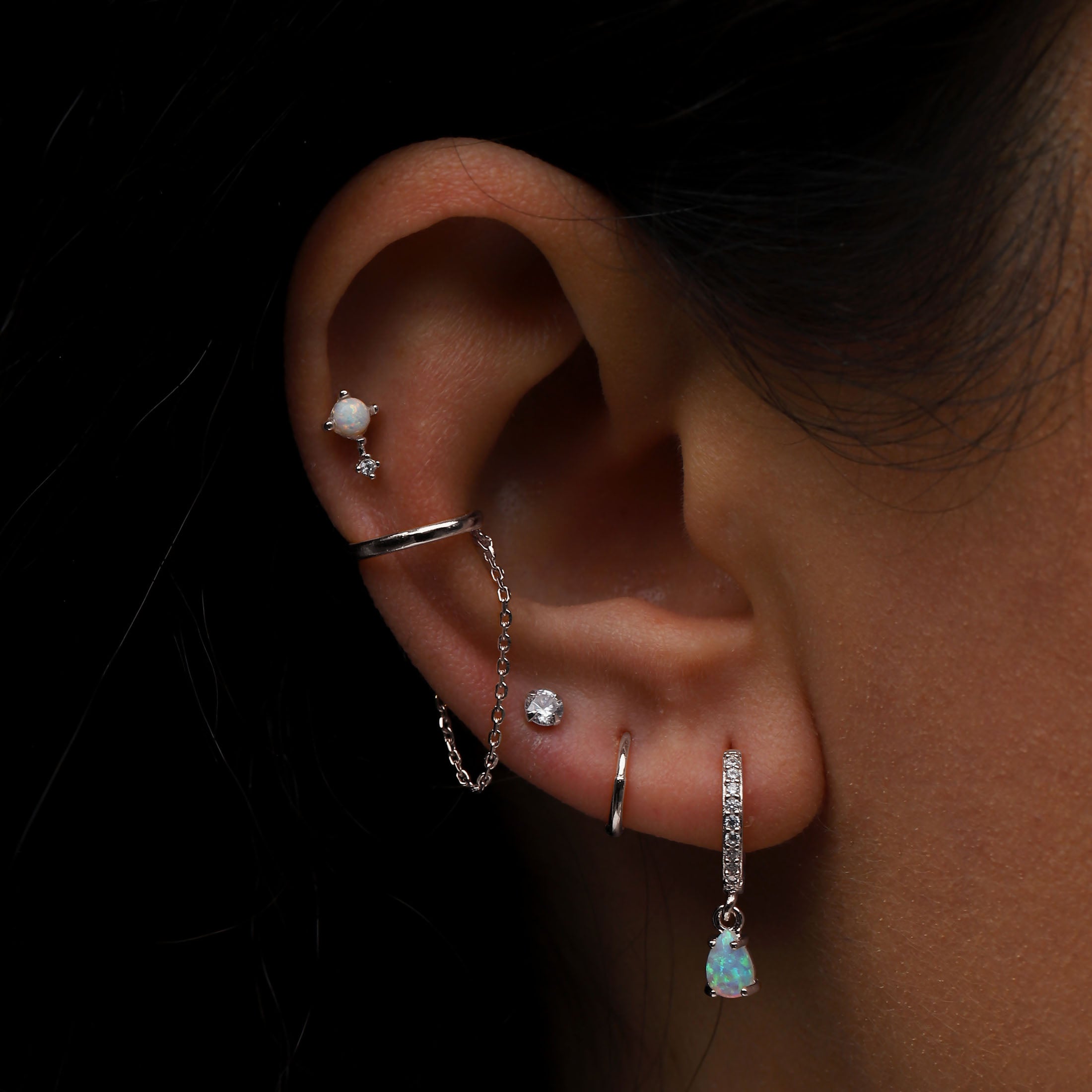 Chance Opal Tragus Helix & Cartilage Ear Piercing On Model - Sterling Silver