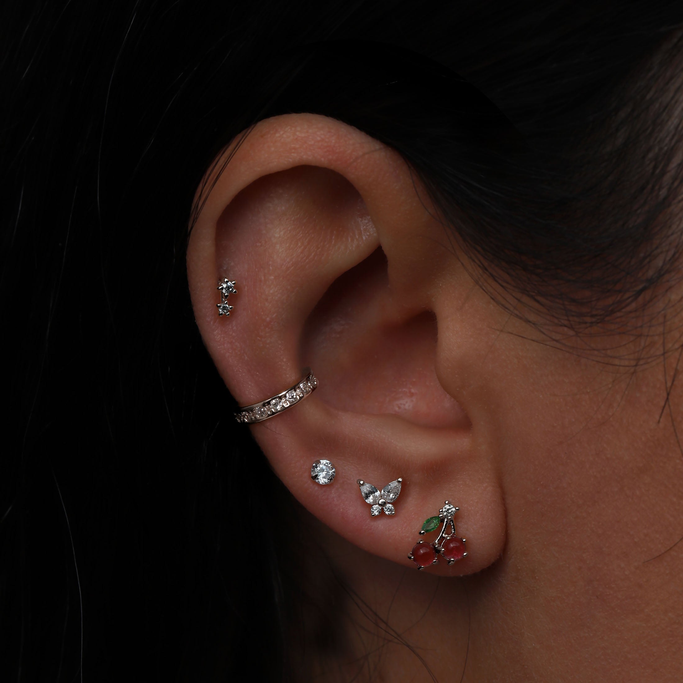 Cherry Pie Gemstone Helix Tragus & Cartilage Ear Piercing On Model - Silver