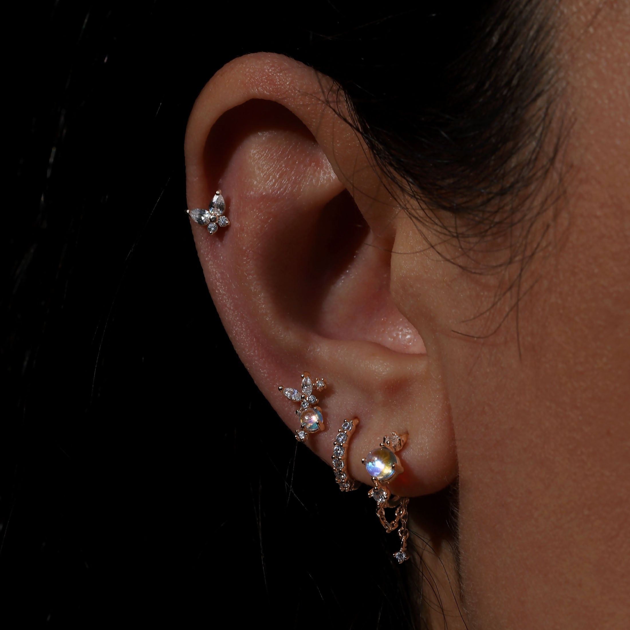 Claudette Gemstone Tragus Helix & Cartilage Ear Piercing On Model - Rose Gold