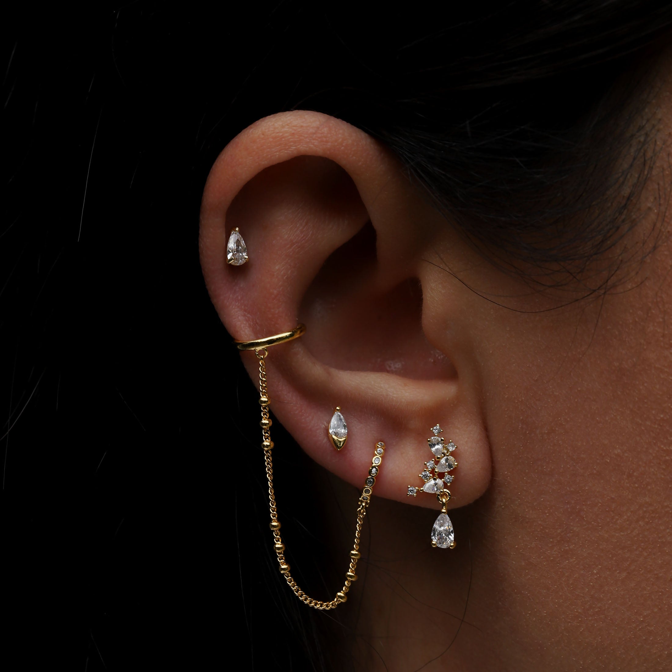 Cluster Gemstone Tragus Helix & Cartilage Ear Piercing On Model - Gold