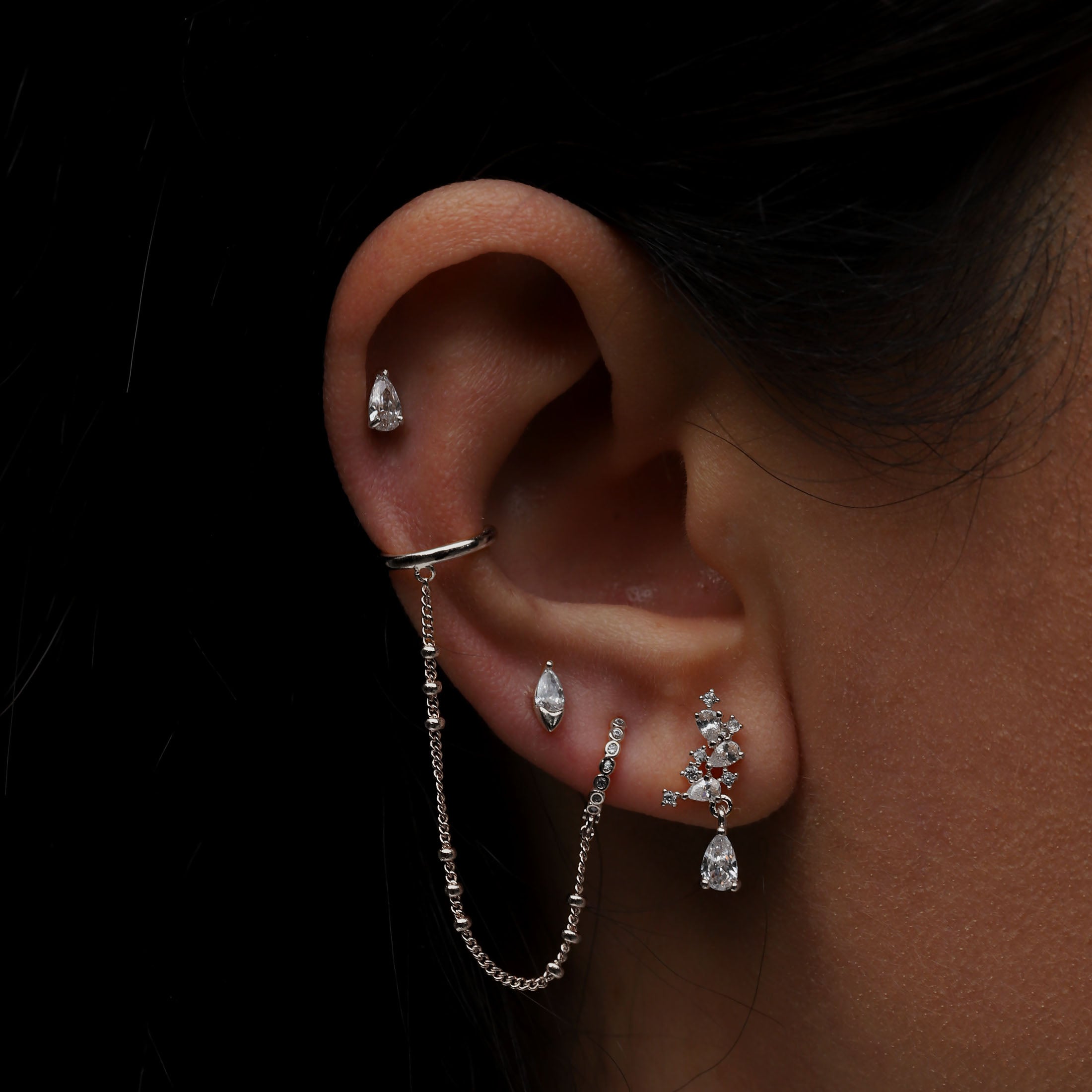 Cluster Gemstone Tragus Helix & Cartilage Ear Piercing On Model - Silver