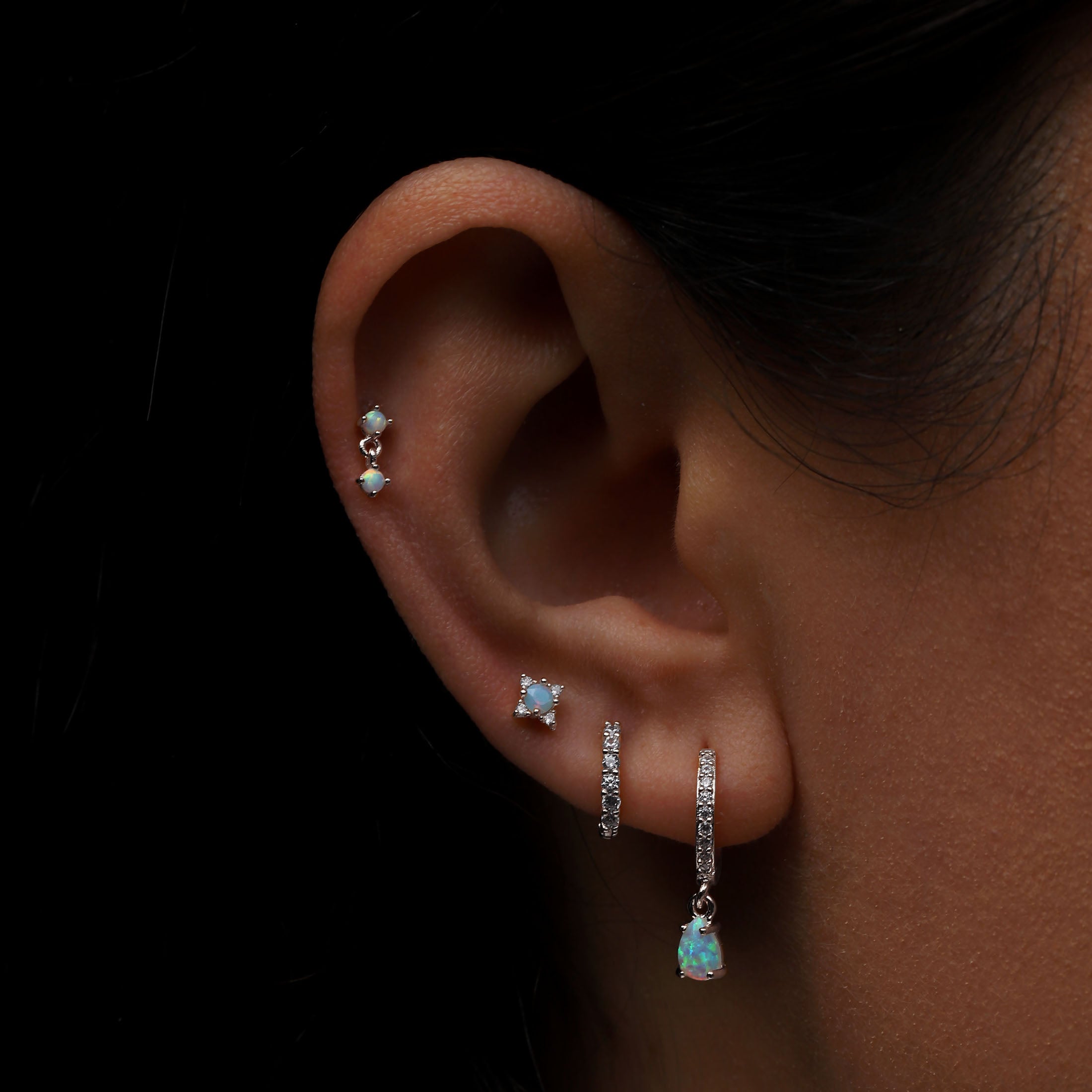 Daphne Gemstone Tragus Helix Cartilage & Conch Ear Piercing On Model - Silver