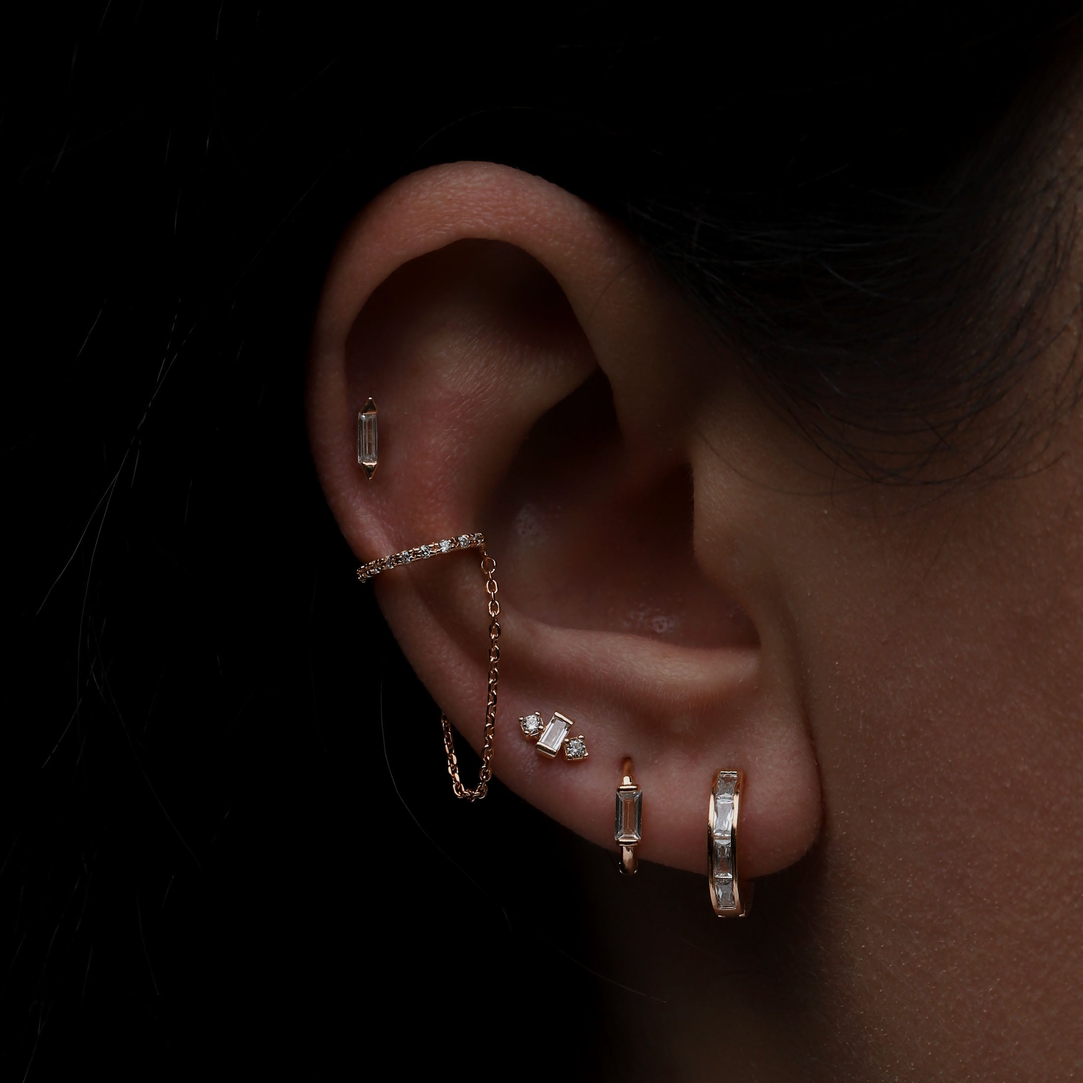 Deco Gemstone Helix Tragus Cartilage & Conch Ear Piercing On Model - Rose Gold
