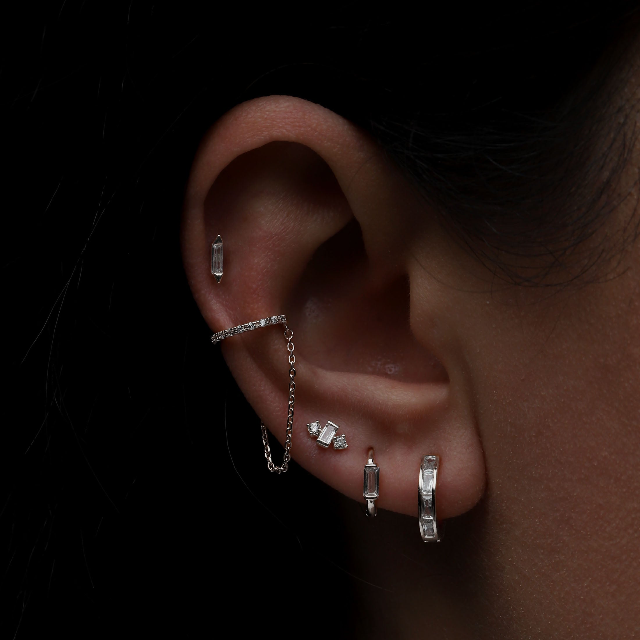 Deco Gemstone Helix Tragus Cartilage & Conch Ear Piercing On Model - Sterling Silver