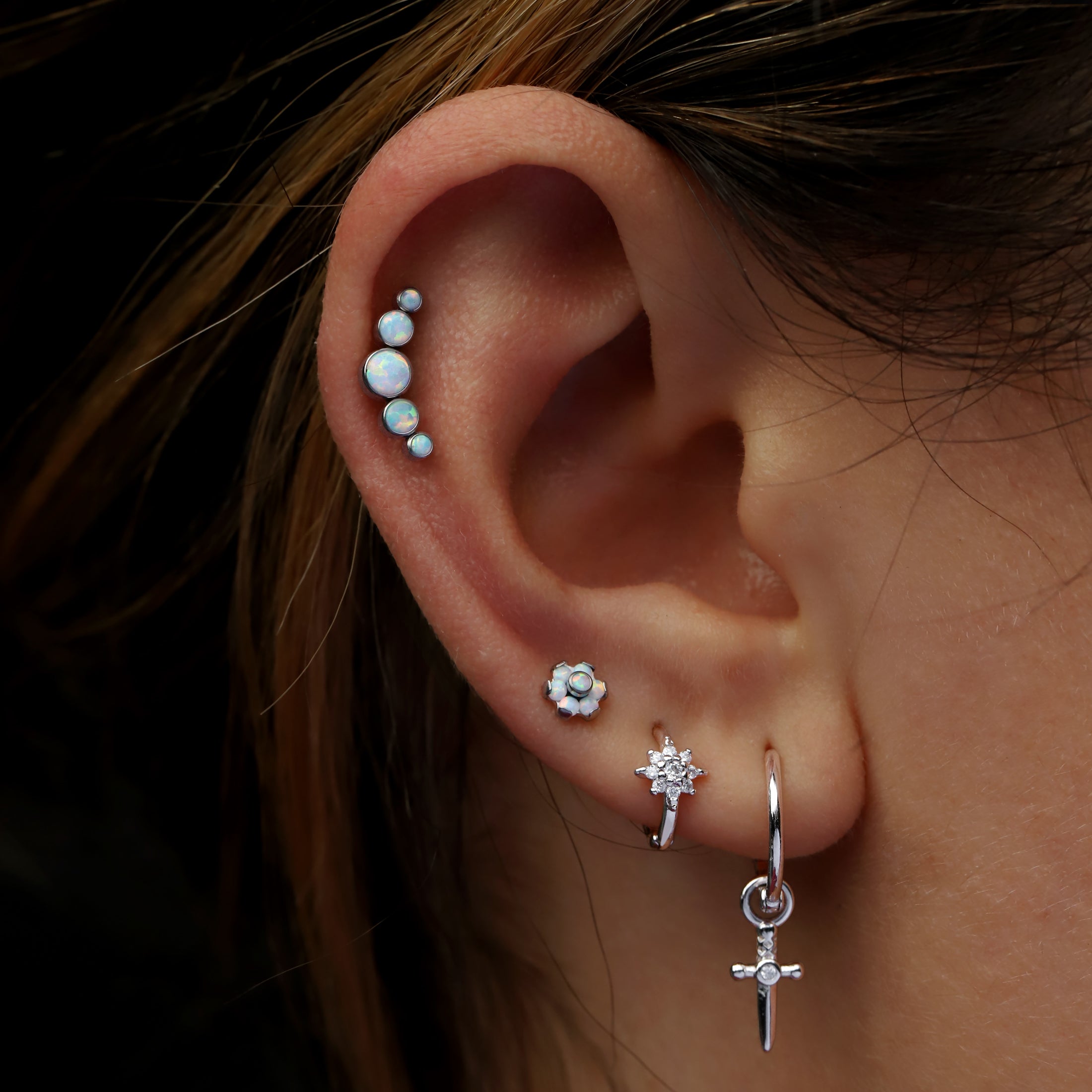 Deity Opal Flower Tragus, Helix & Cartilage Piercing On Model - Titanium