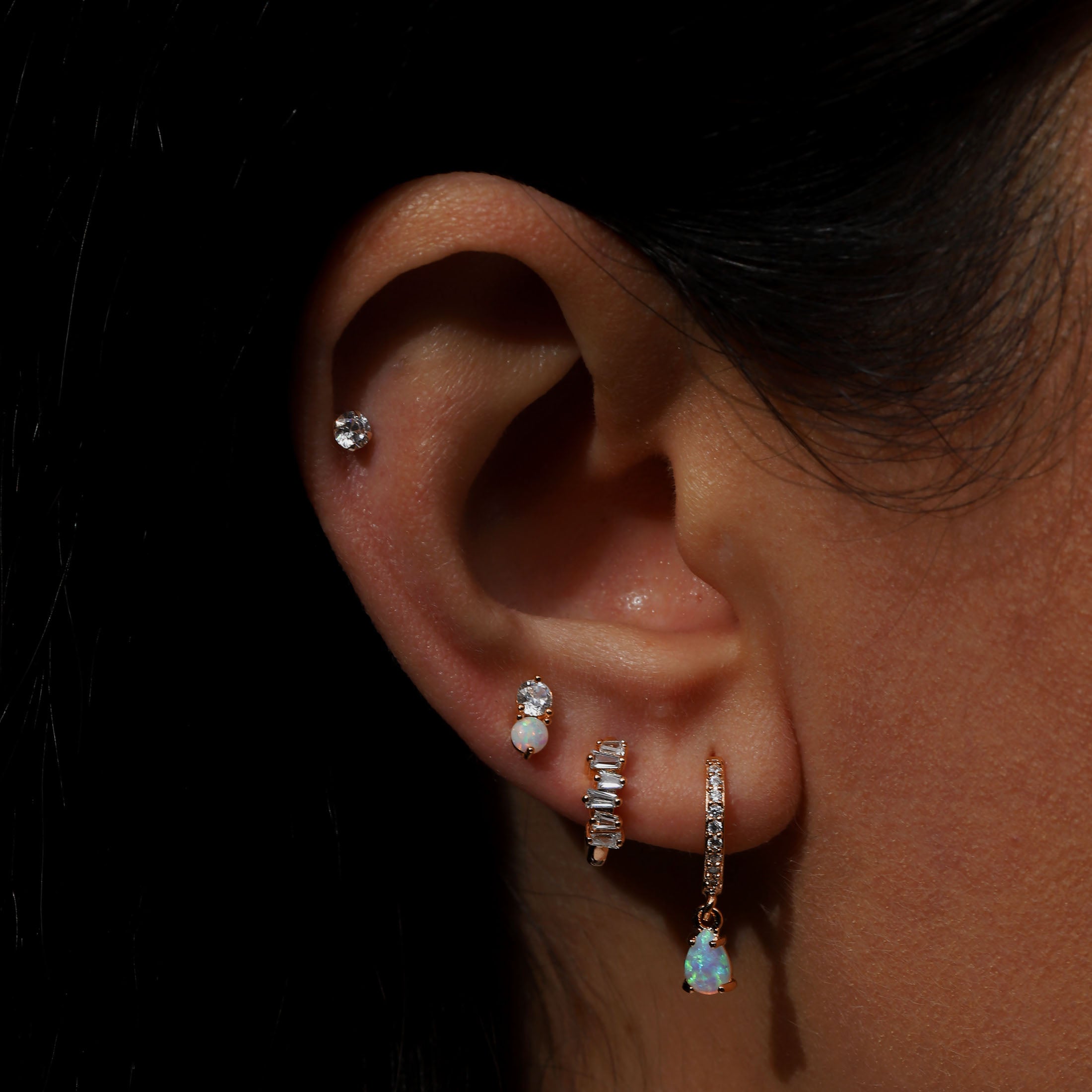 Destiny Tragus Helix Cartilage & Conch Ear Piercing On Model - Rose Gold