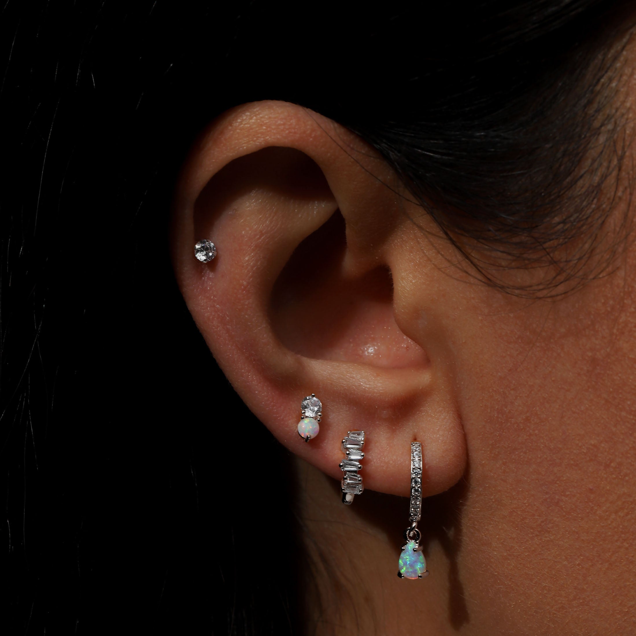 Destiny Gemstone Tragus Helix Cartilage & Conch Ear Piercing On Model - Silver