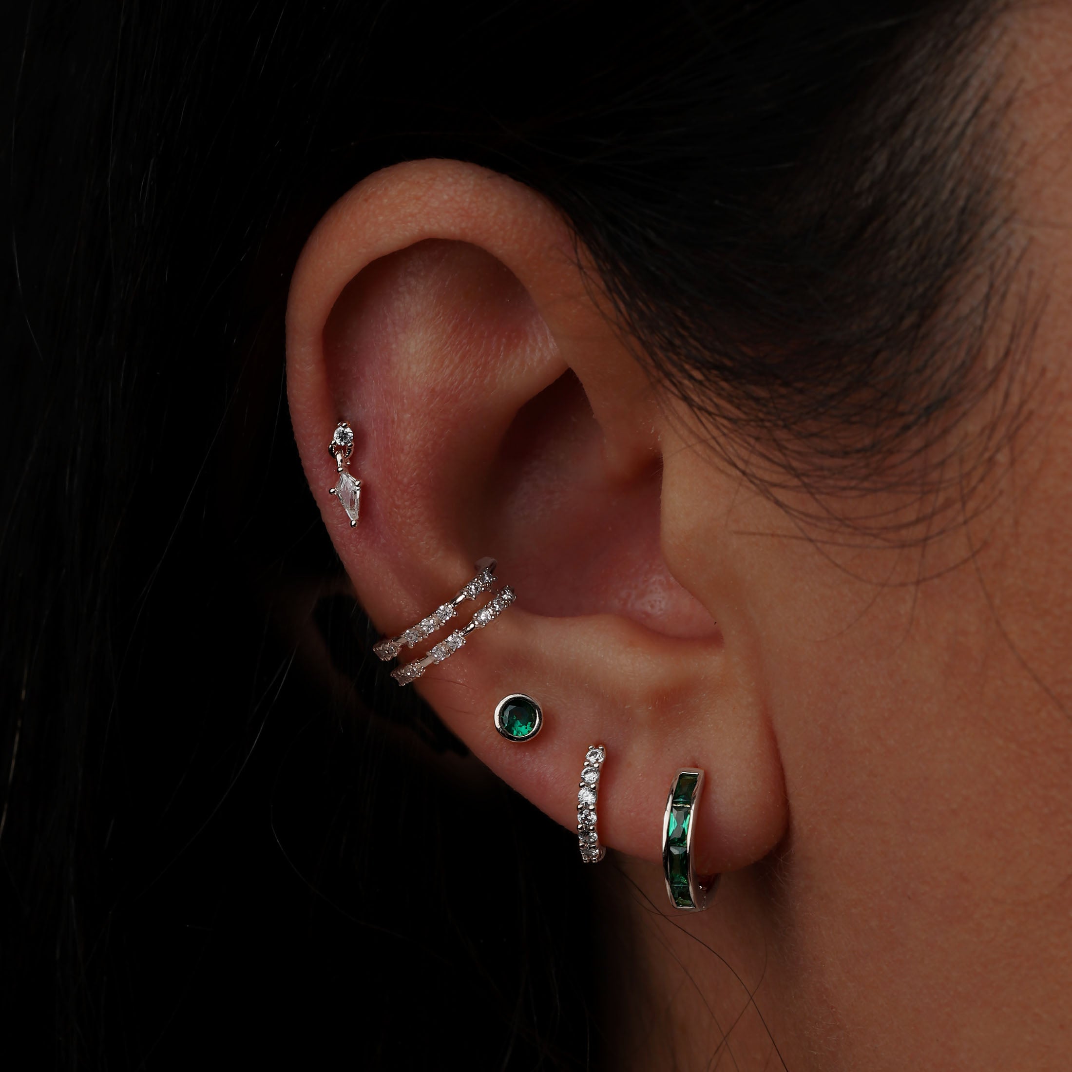 Edge Gemstone Charm Helix Tragus Cartilage & Conch Ear Piercing On Model - Sterling Silver