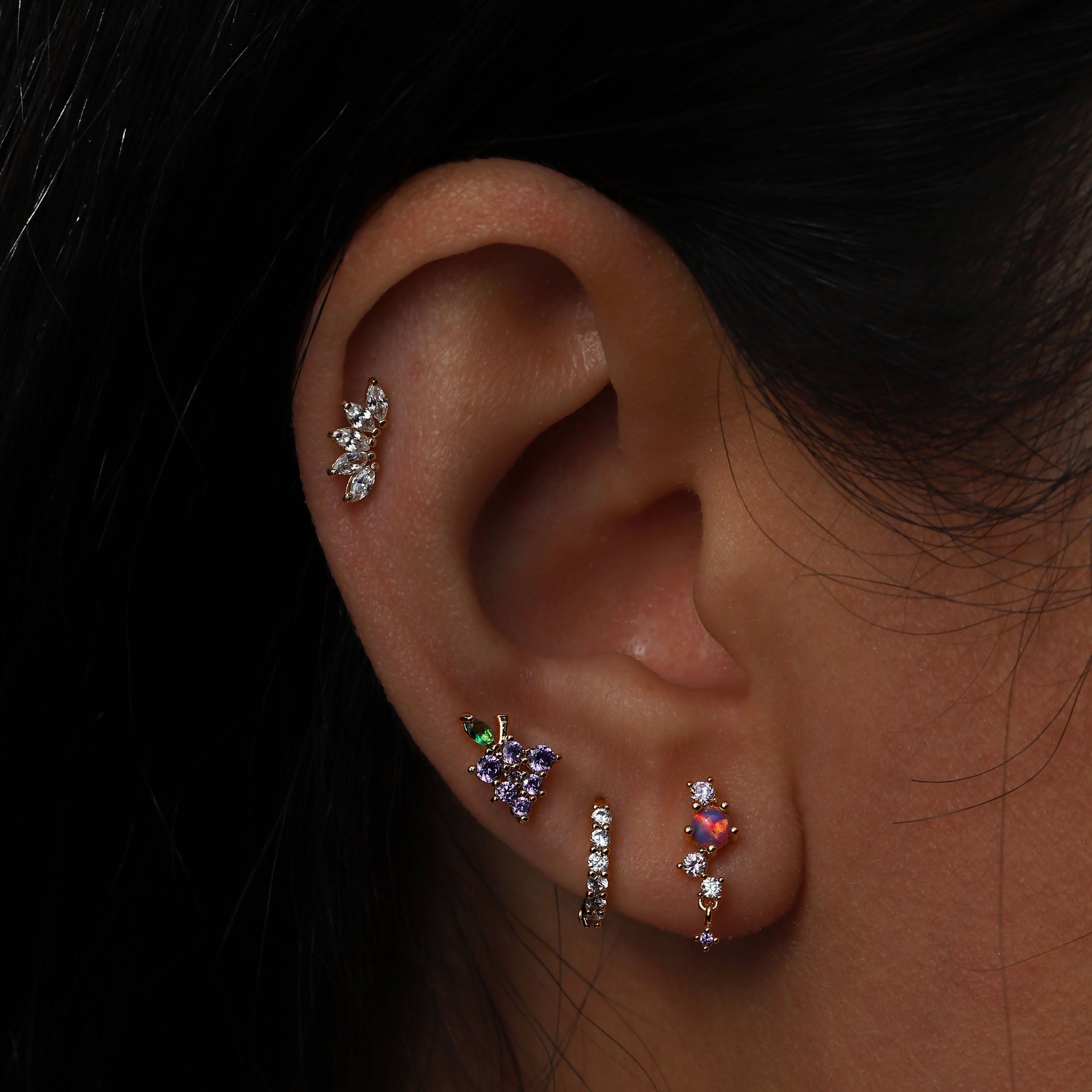 Edith Gemstone Helix Tragus & Cartilage Ear Piercing On Model - Rose Gold