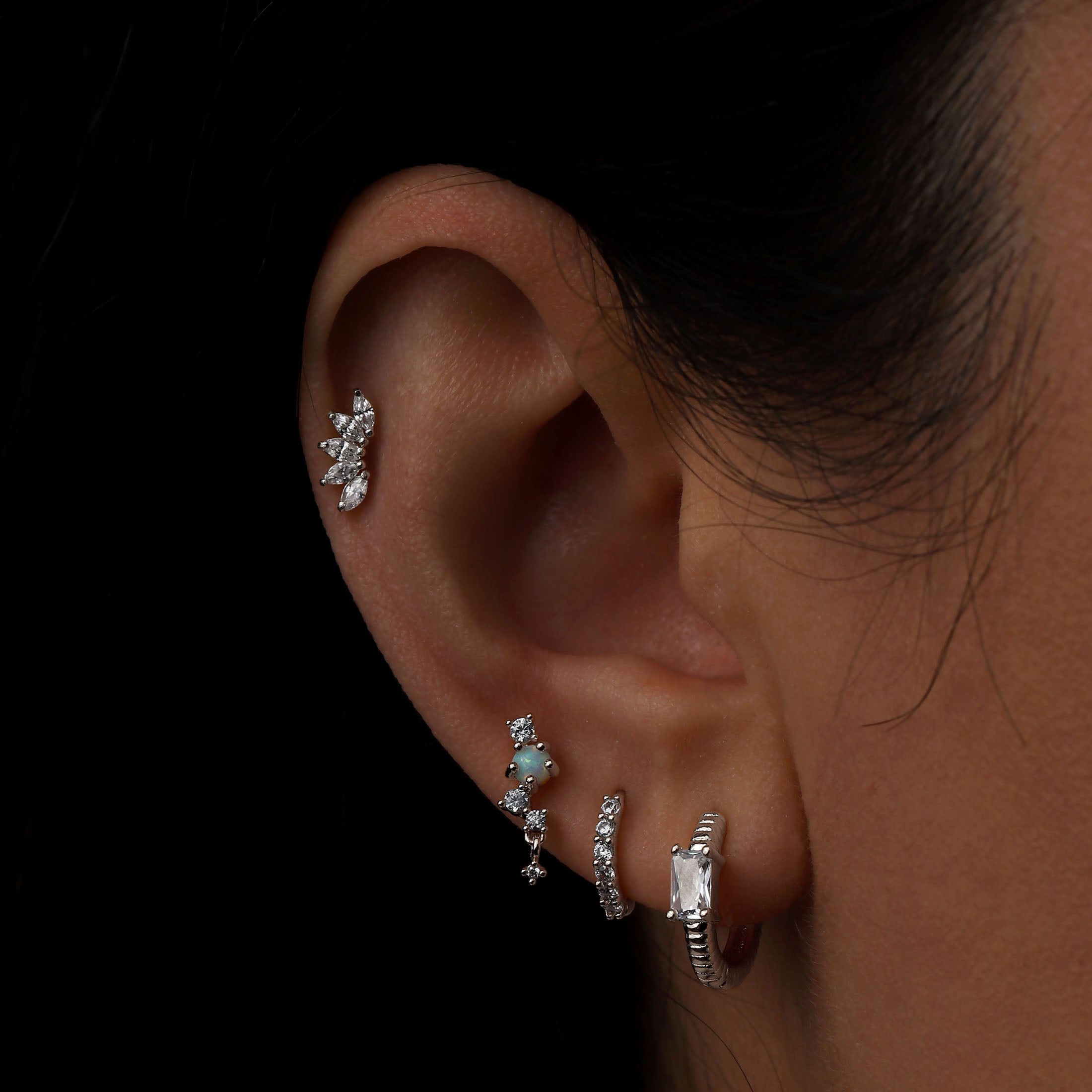 Eileen Opal & Gemstone Helix Tragus & Cartilage Ear Piercing On Model - Silver