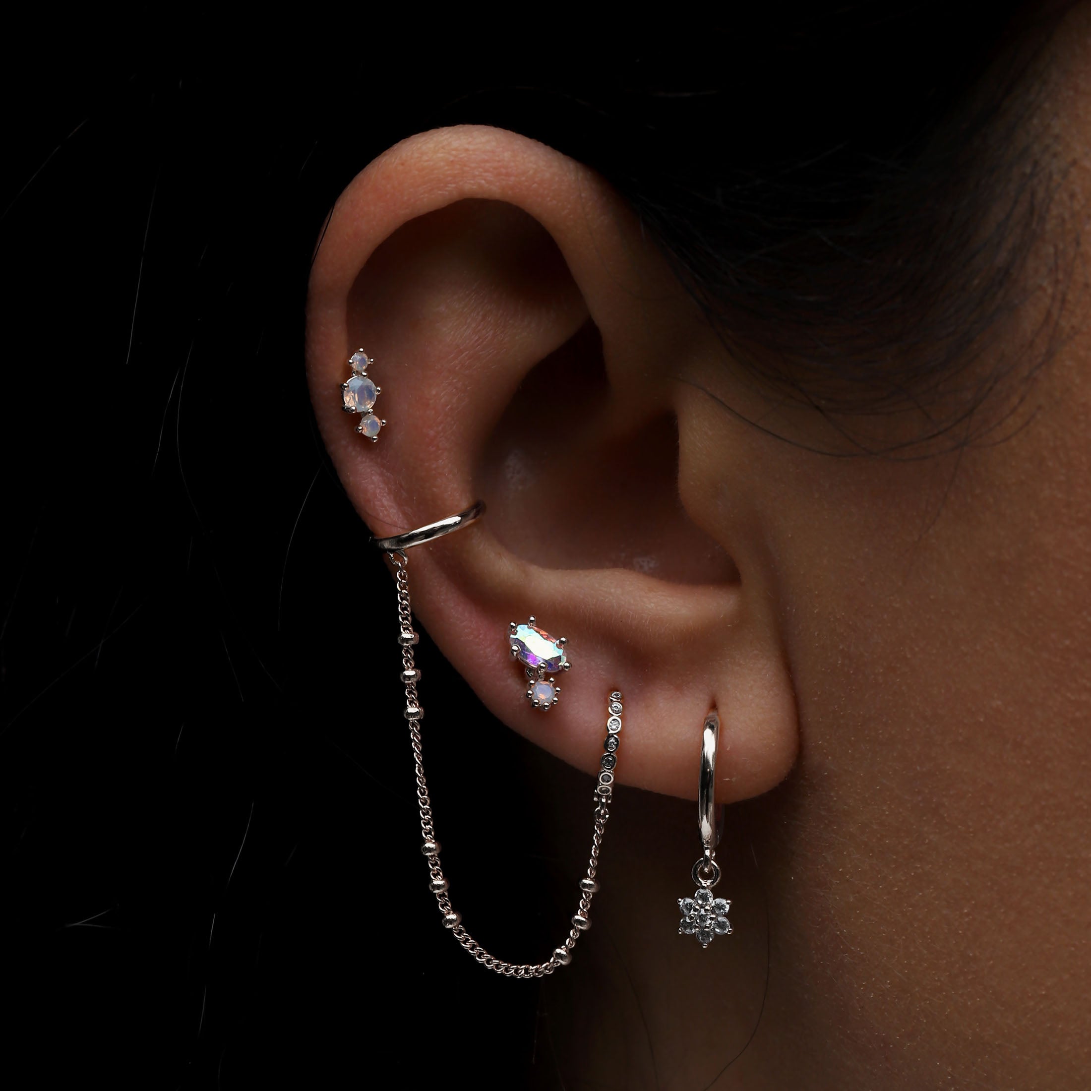 Elvie Gemstone Helix Tragus Cartilage & Conch Ear Piercing On Model - Silver
