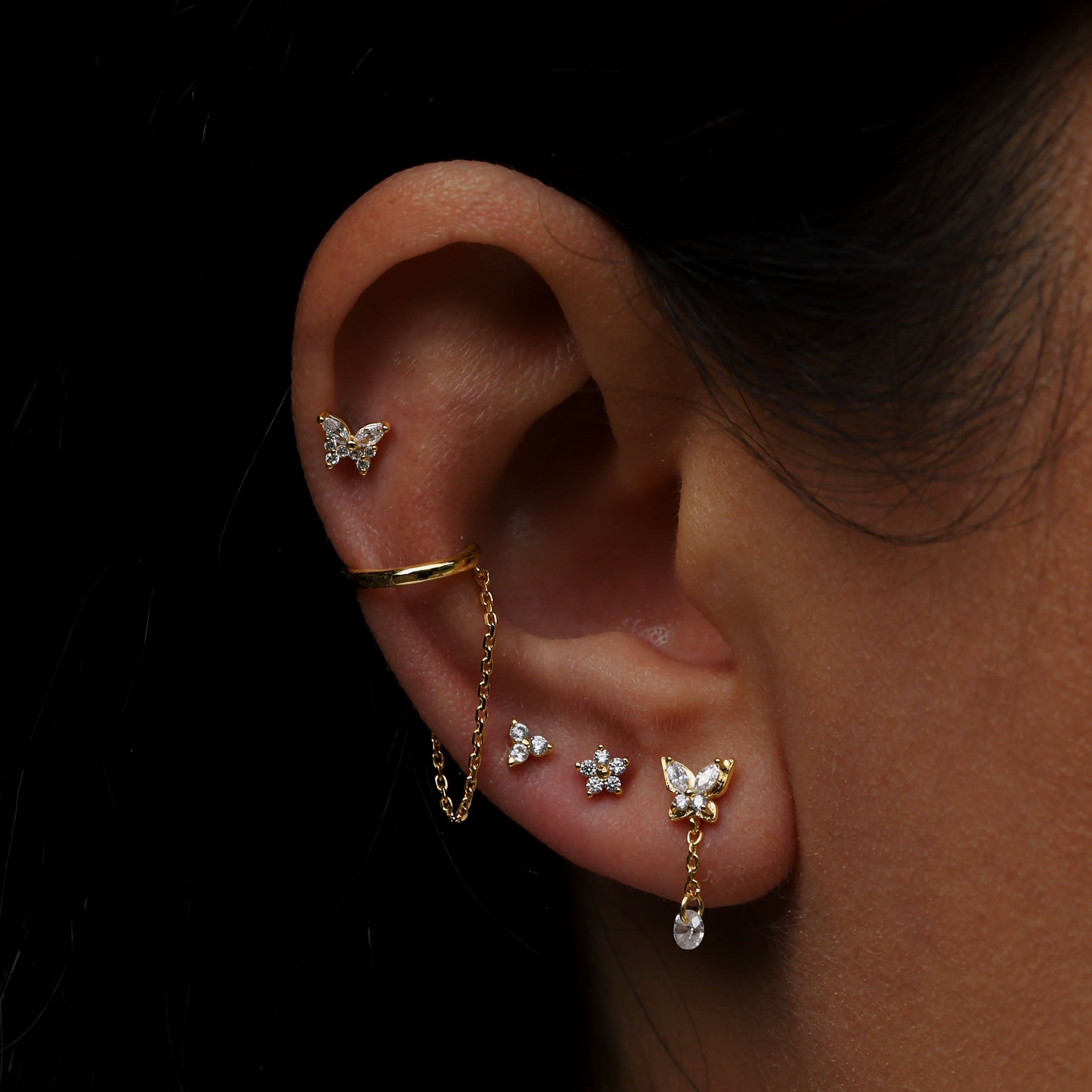 Enchantress Butterfly Tragus Helix & Cartilage Ear Piercing On Model - Gold