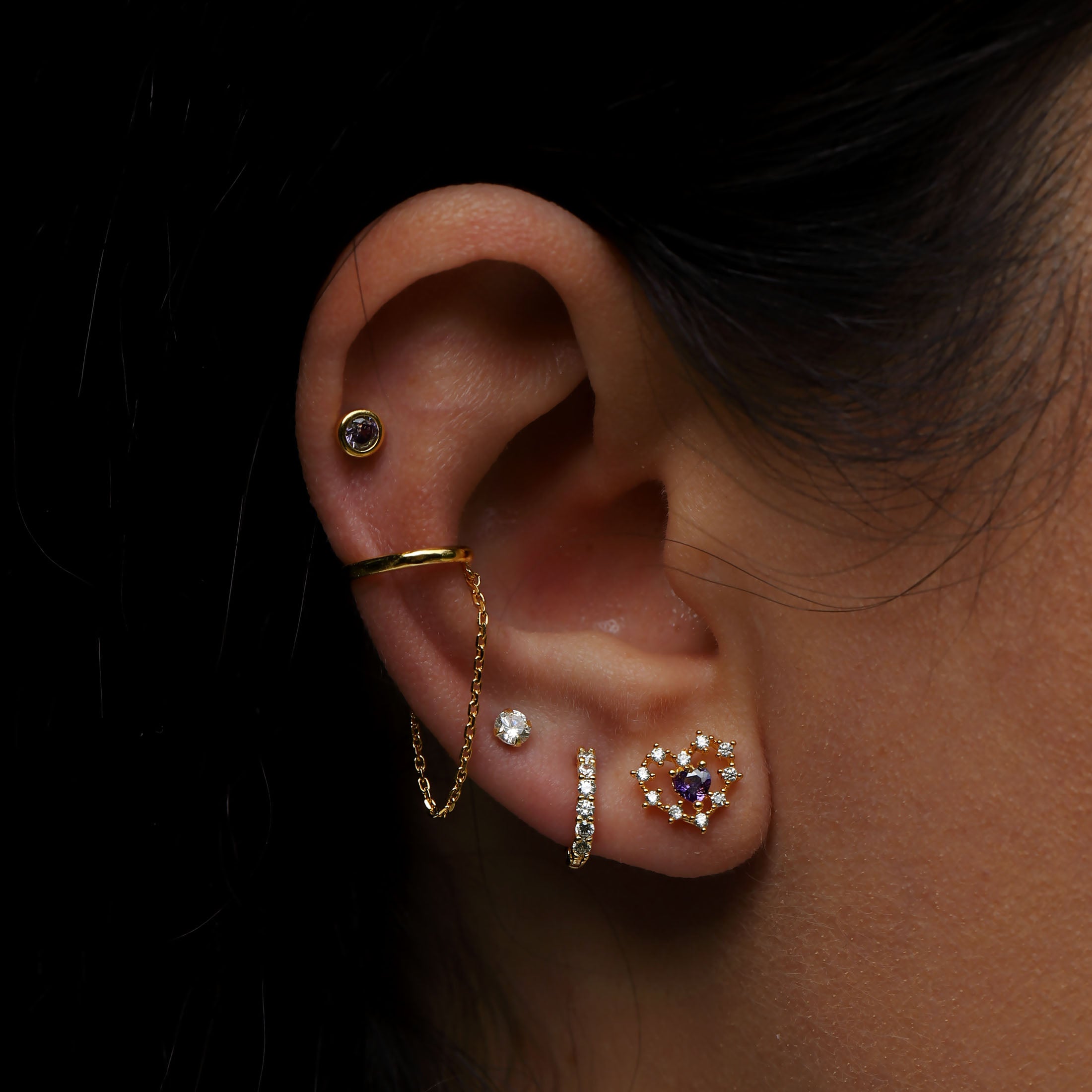 Envy Heart Gemstone Helix Tragus & Cartilage Ear Piercing On Model - Gold