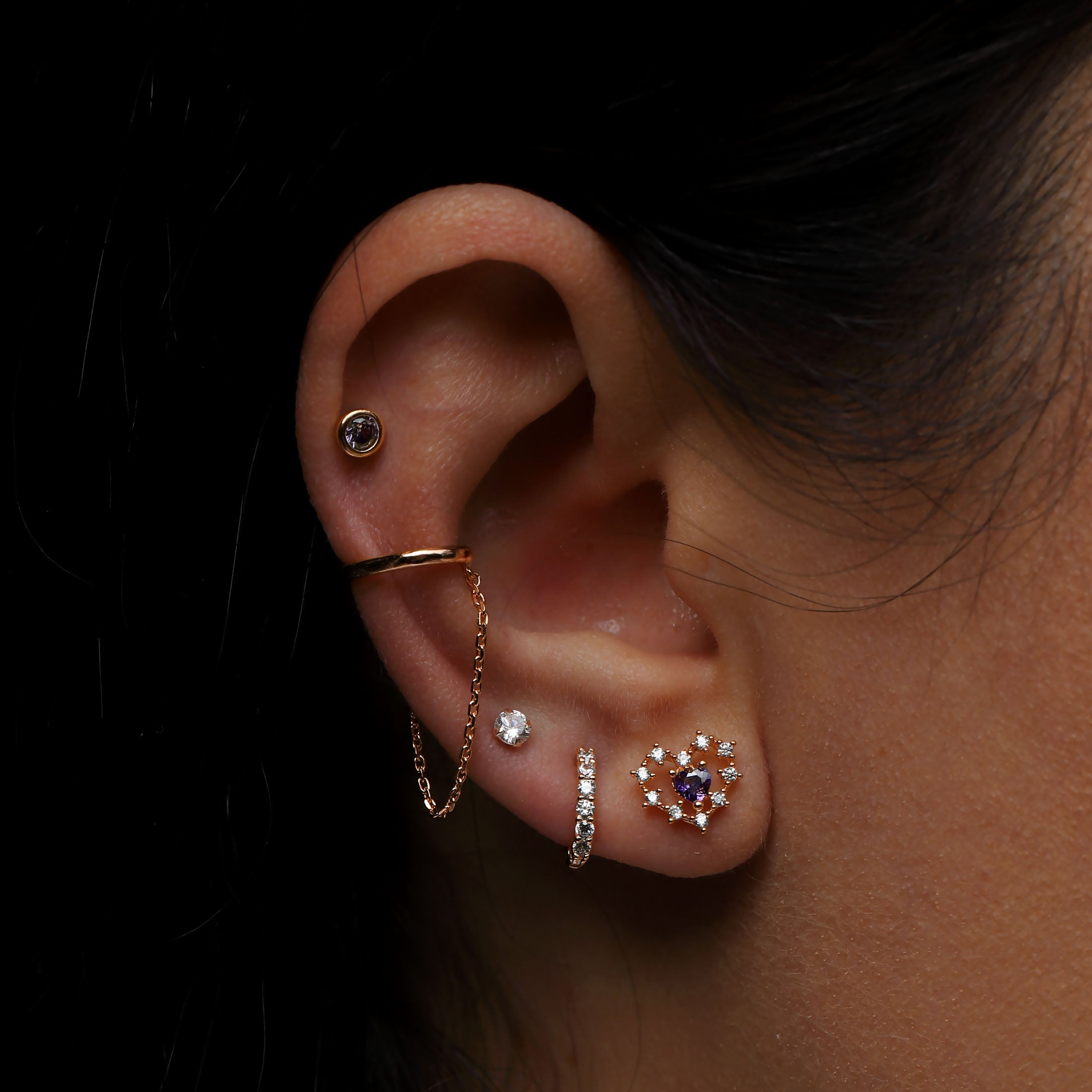 Envy Heart Gemstone Helix Tragus & Cartilage Ear Piercing On Model - Rose Gold