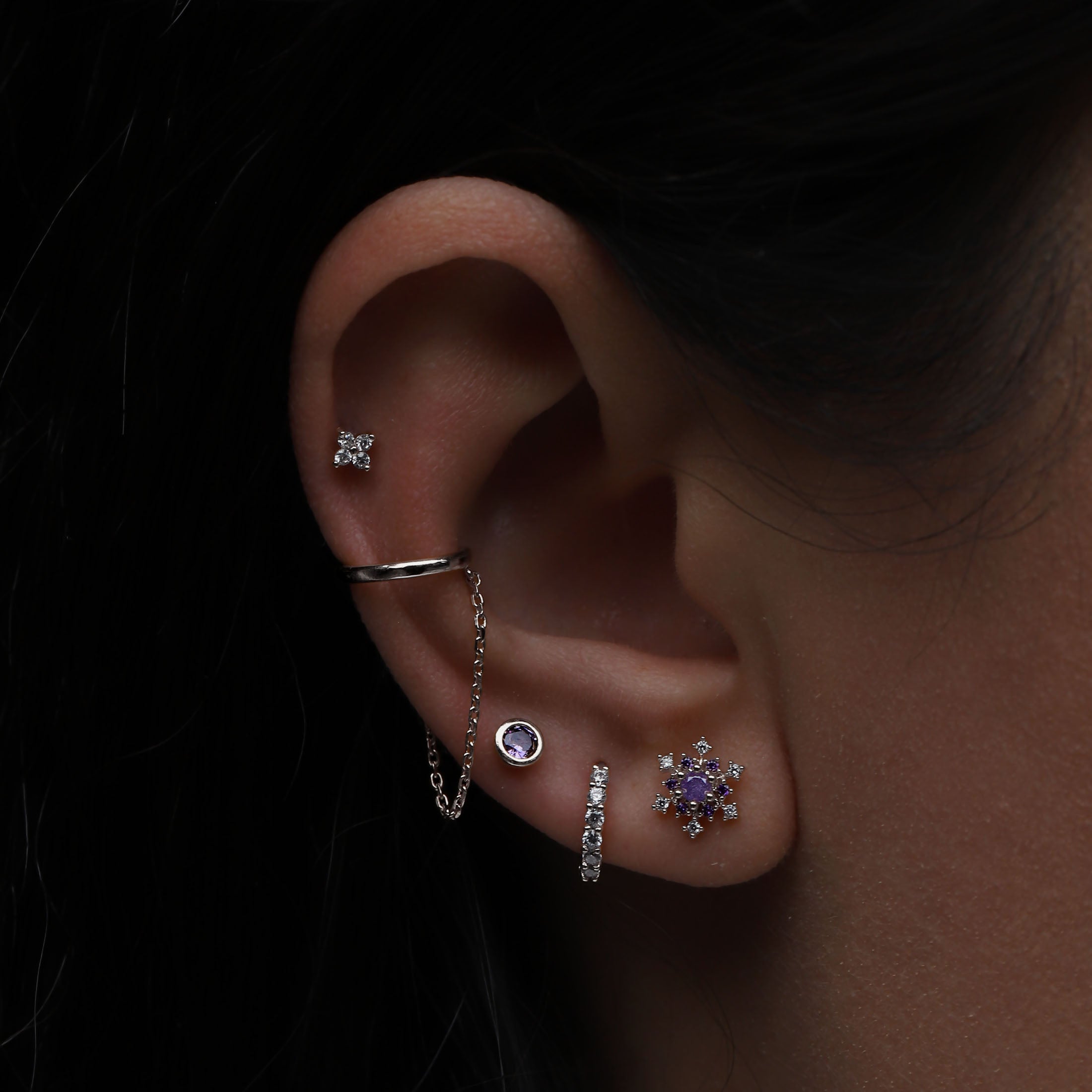 Felicity Clover Gemstone Helix Tragus Cartilage & Conch Ear Piercing On Model - Sterling Silver