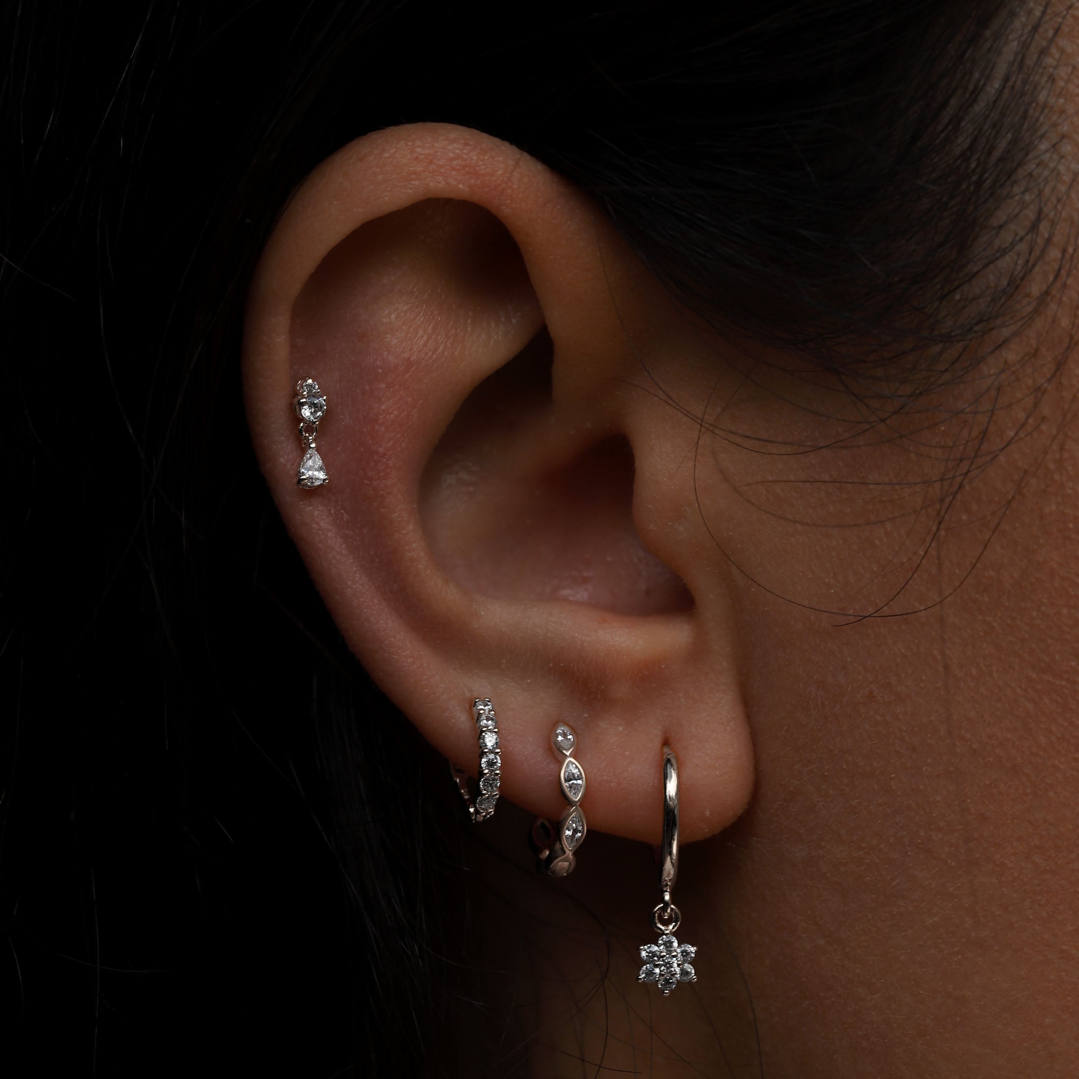 Latch Gemstone Dangle Helix Tragus Cartilage & Conch Ear Piercing On Model - Sterling Silver
