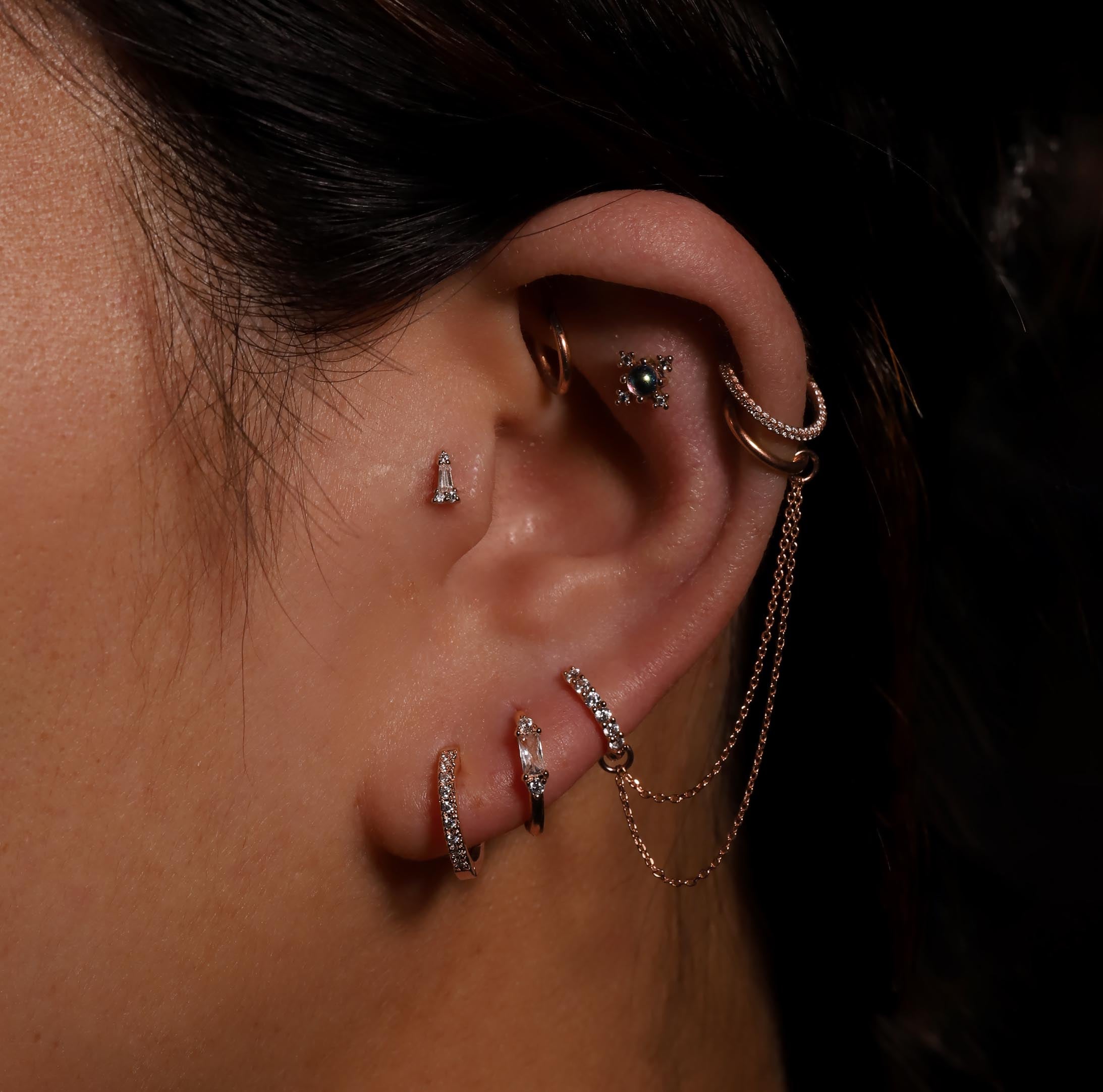 Lyra Tapered Gemstone Helix & Cartilage Ear Piercing On Model 2 - Rose Gold