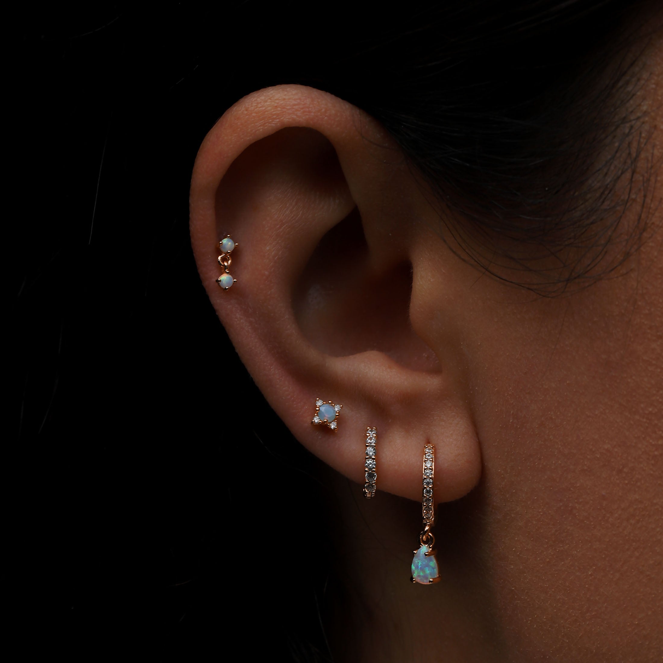 Mystic Opal Helix Tragus Cartilage & Conch Ear Piercing On Model - Rose Gold