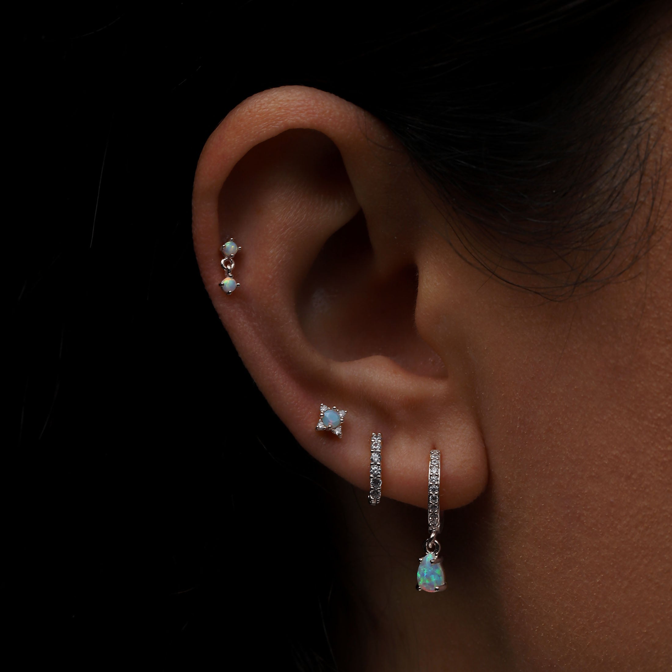 Mystic Opal Helix Tragus Cartilage & Conch Ear Piercing On Model - Sterling Silver