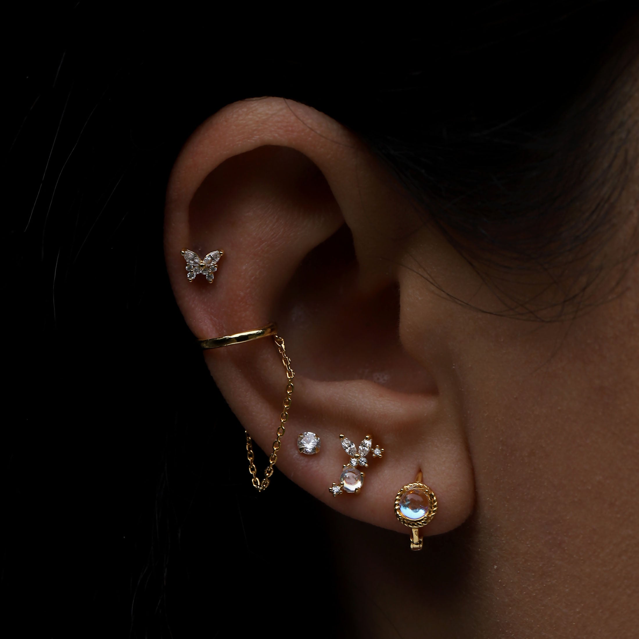 Nectar Gemstone Helix Tragus Cartilage & Conch Ear Piercing On Model - Gold