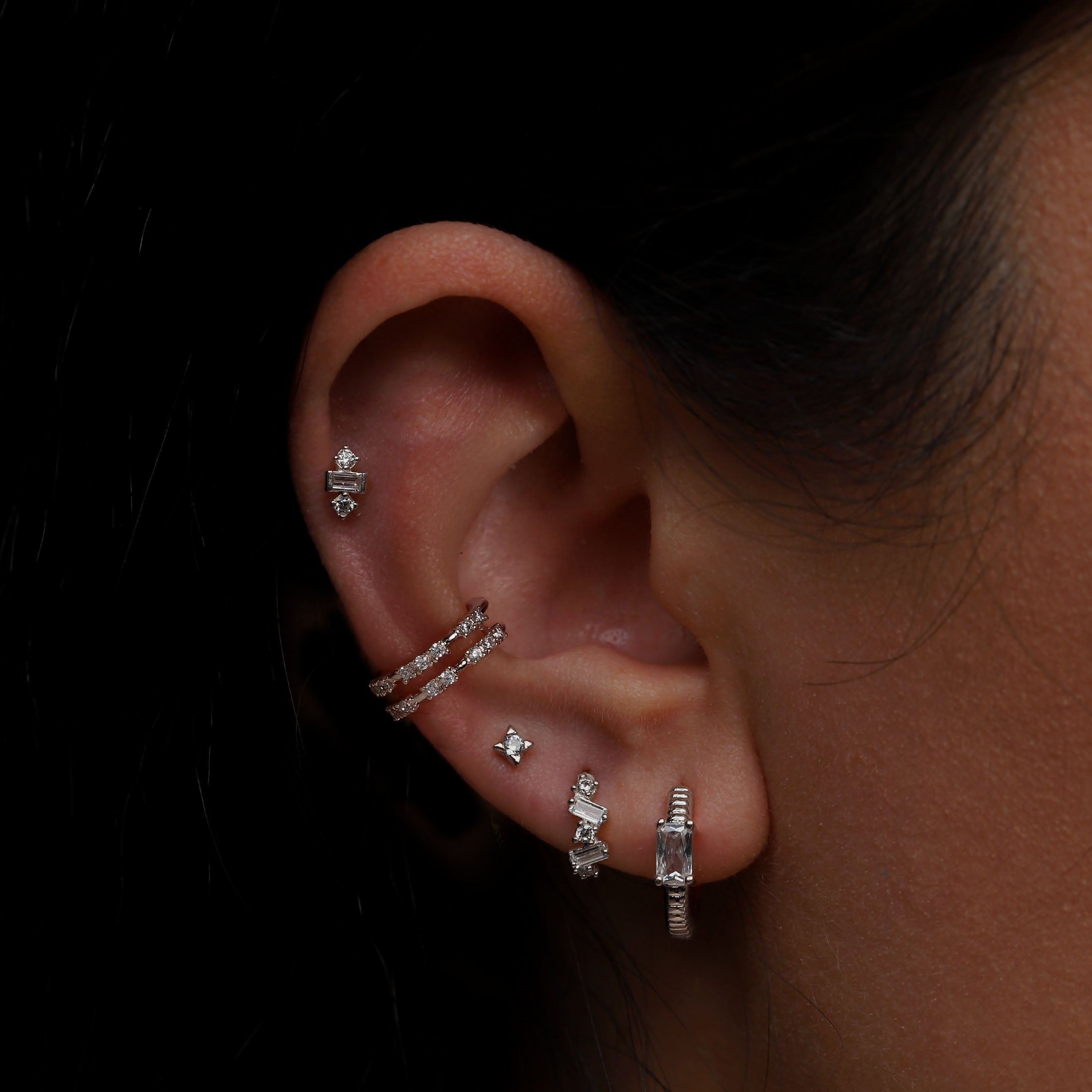 Nova Star Gemstone Helix Tragus Cartilage & Conch Ear Piercing On Model - Sterling Silver