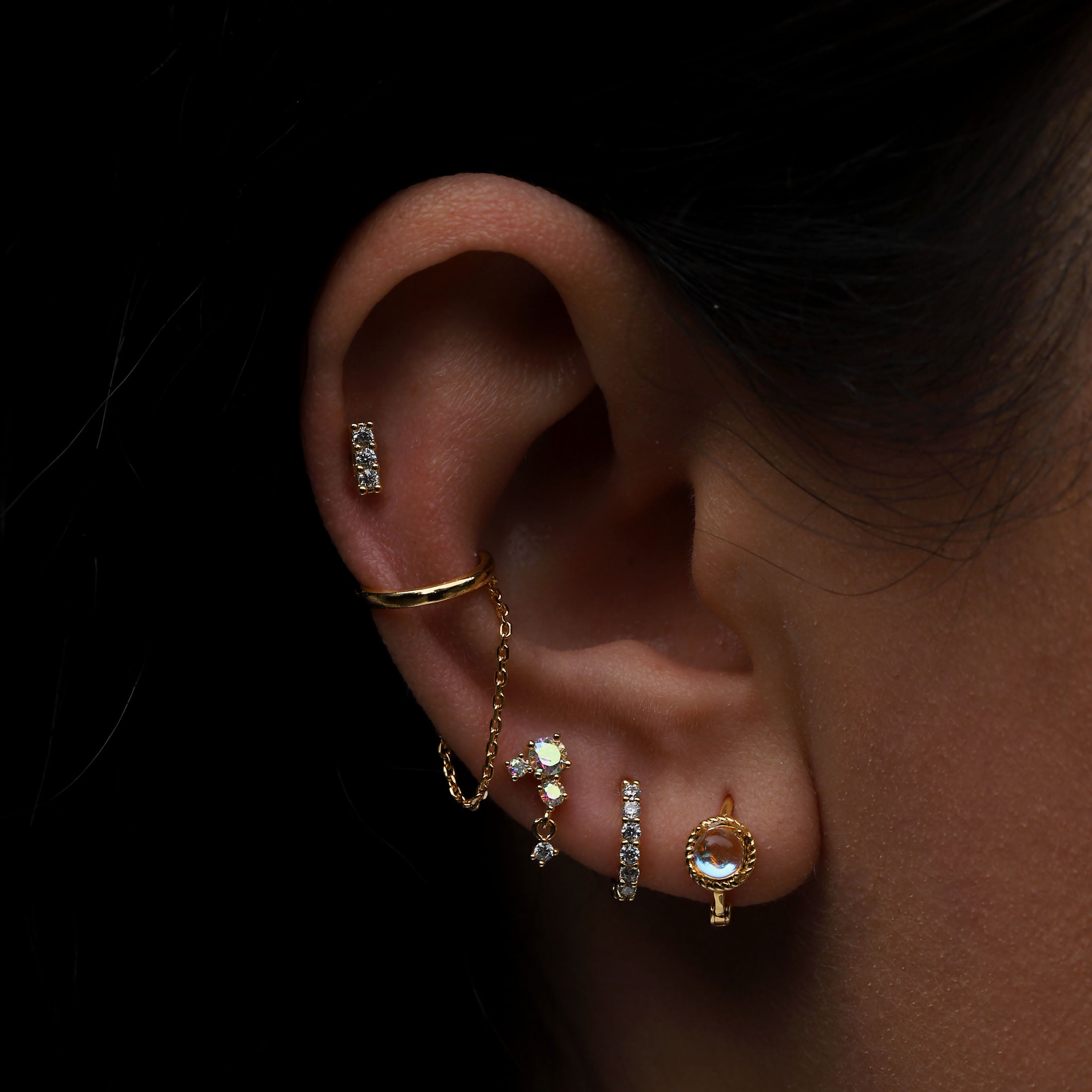 Oasis Gemstone Charm Helix Tragus & Cartilage Ear Piercing On Model - Gold