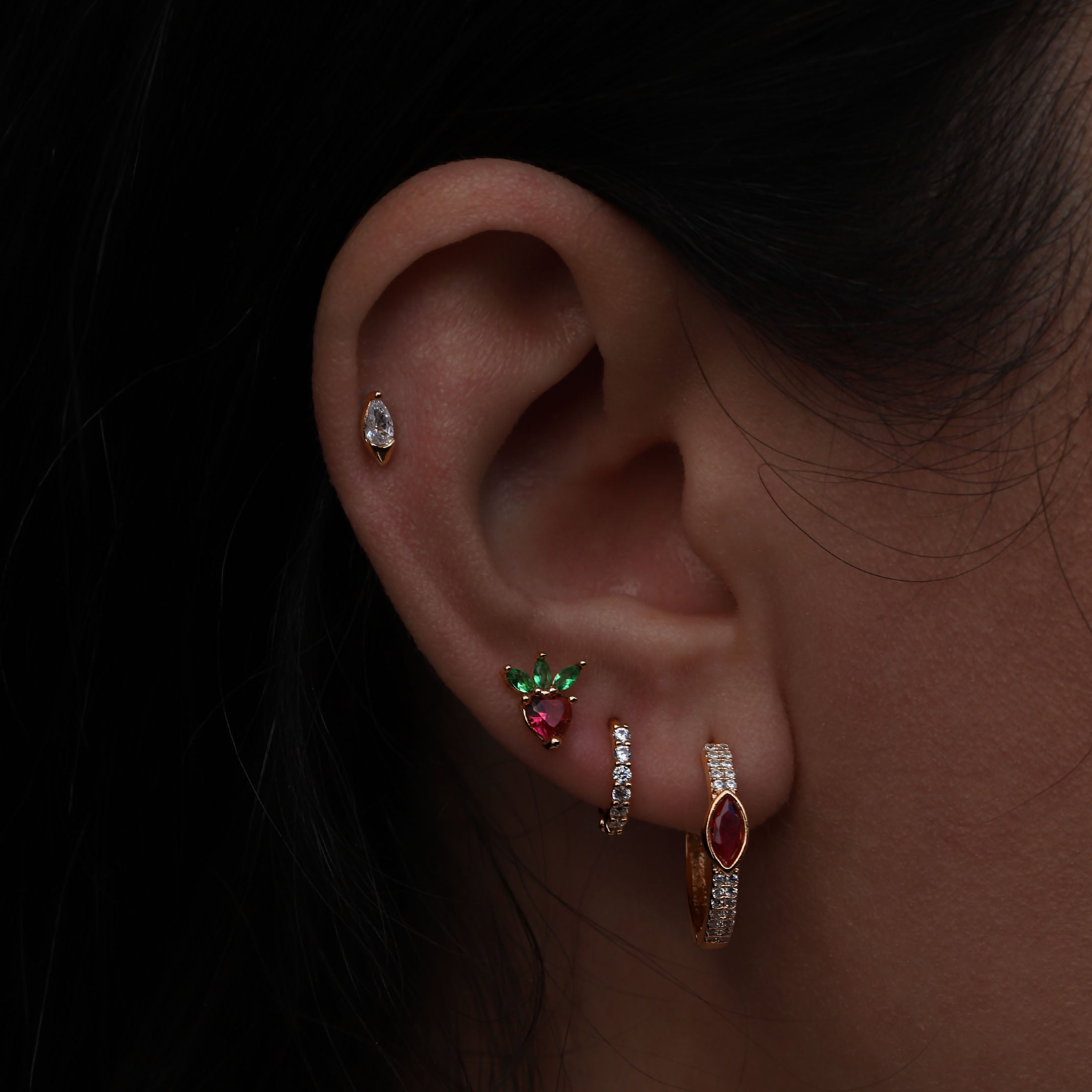 Olivia Gem Helix Tragus Cartilage & Conch Ear Piercing On Model - Rose Gold