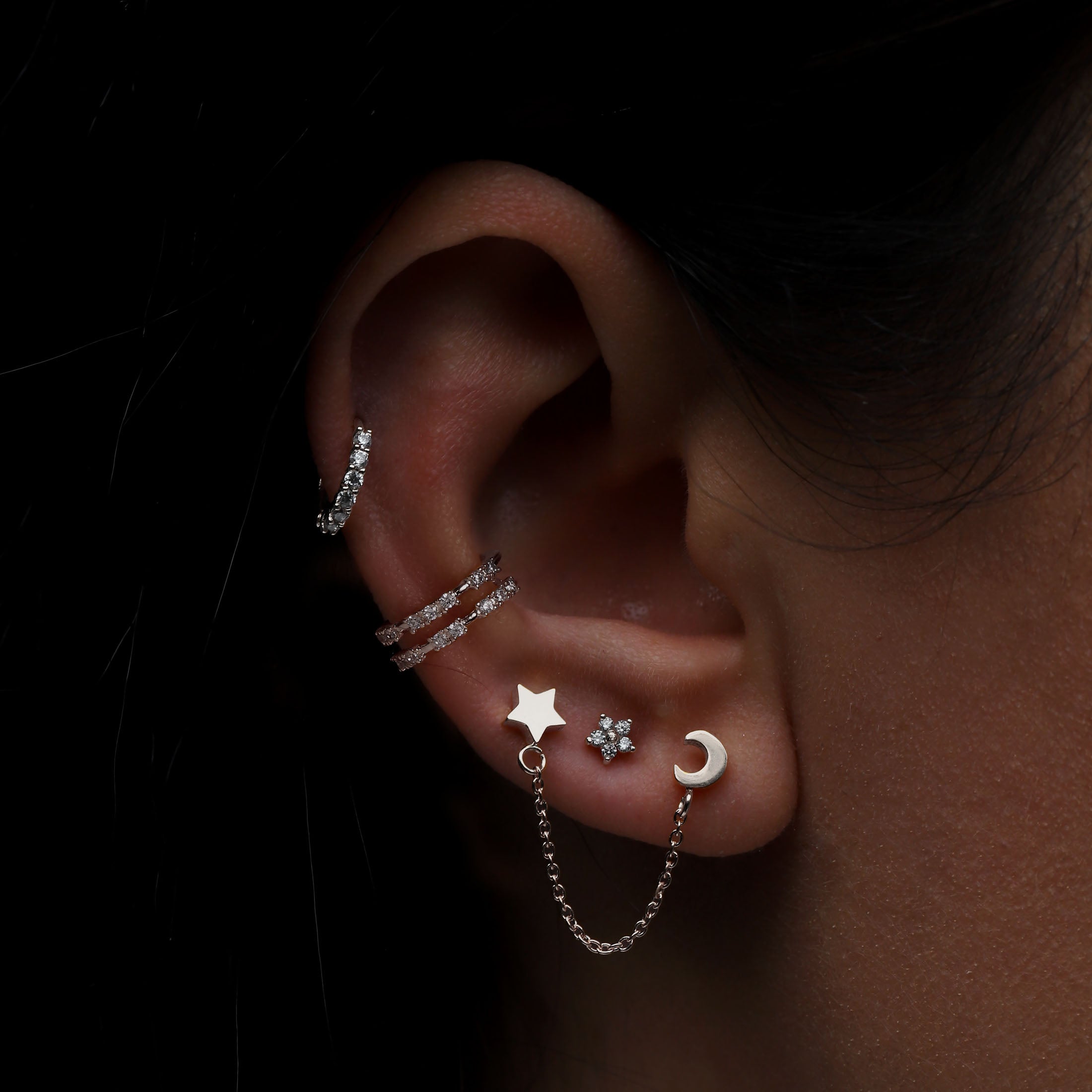 Orbit Moon & Star Chain Tragus Helix & Cartilage Ear Piercing On Model - Silver