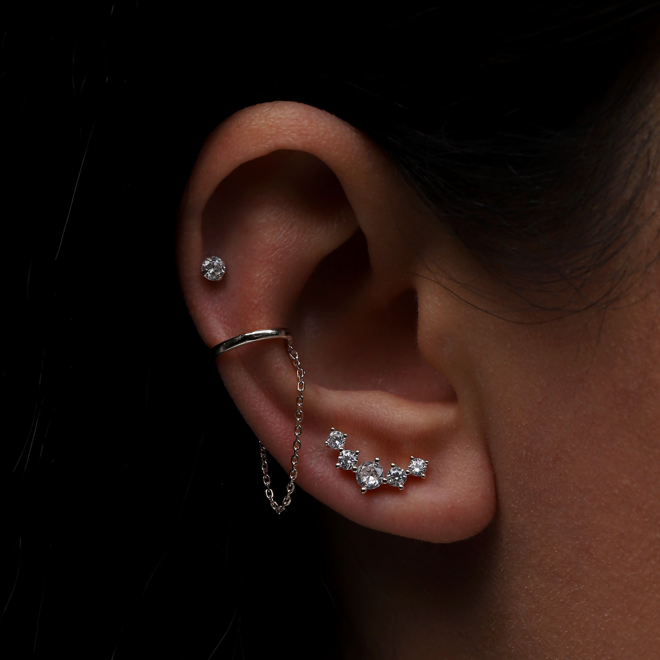 Phase Gemstone Helix Tragus Cartilage & Conch Ear Piercing On Model - Silver