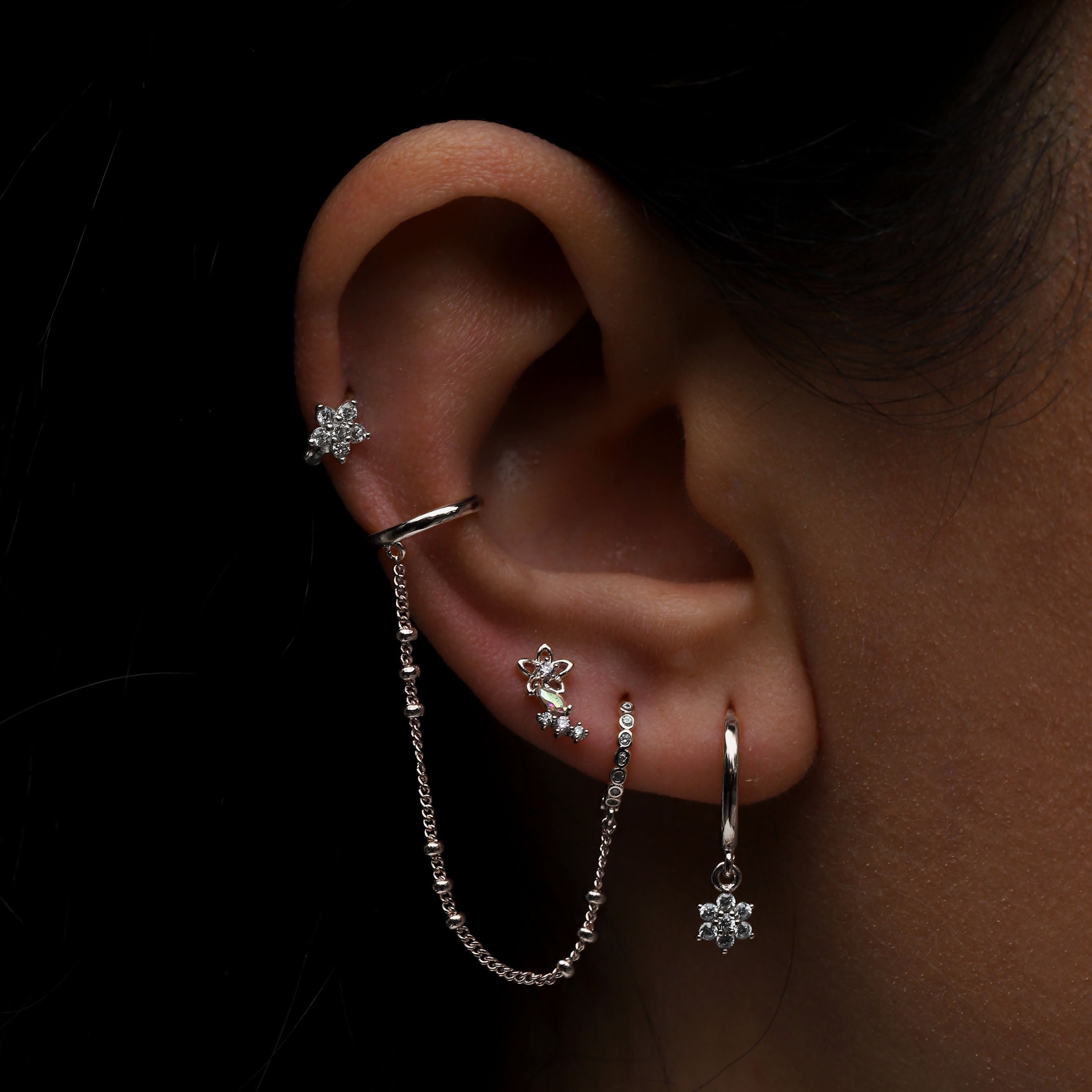 Pixie Flower Gemstone Helix Tragus & Cartilage Ear Piercing On Model - Silver