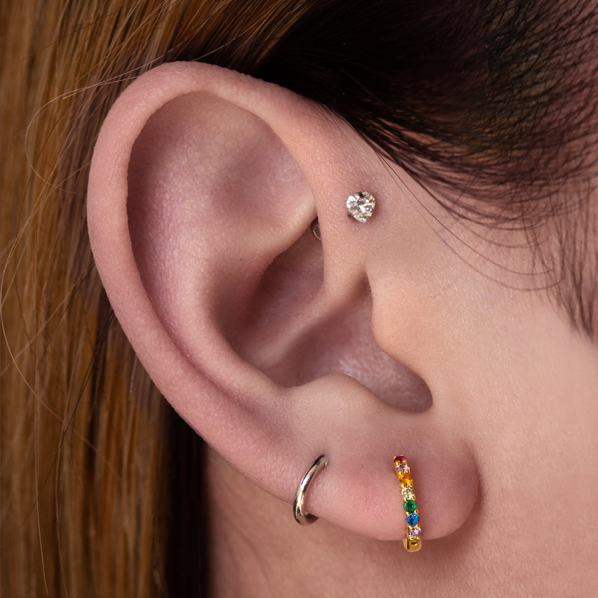 Purity Heart Gemstone Helix Tragus & Cartilage Ear Piercing On Model - Rose Gold