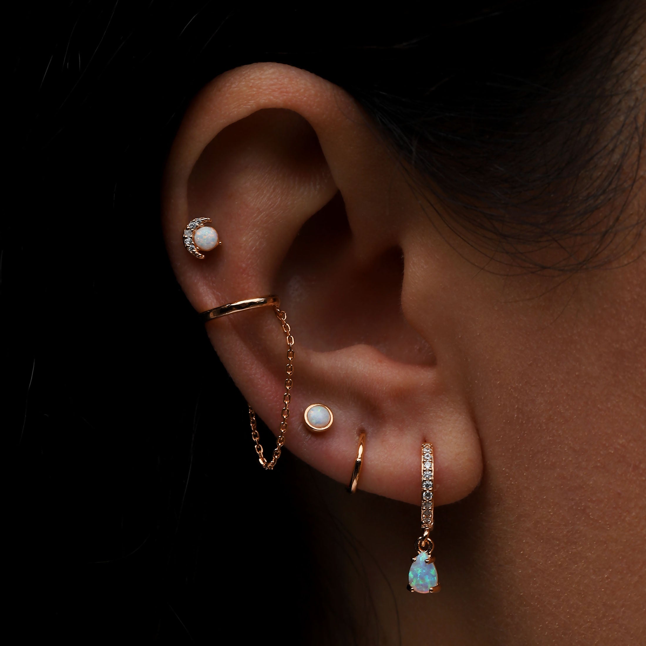 Selene Moon & Opal Tragus Helix & Conch Ear Piercing On Model - Rose Gold