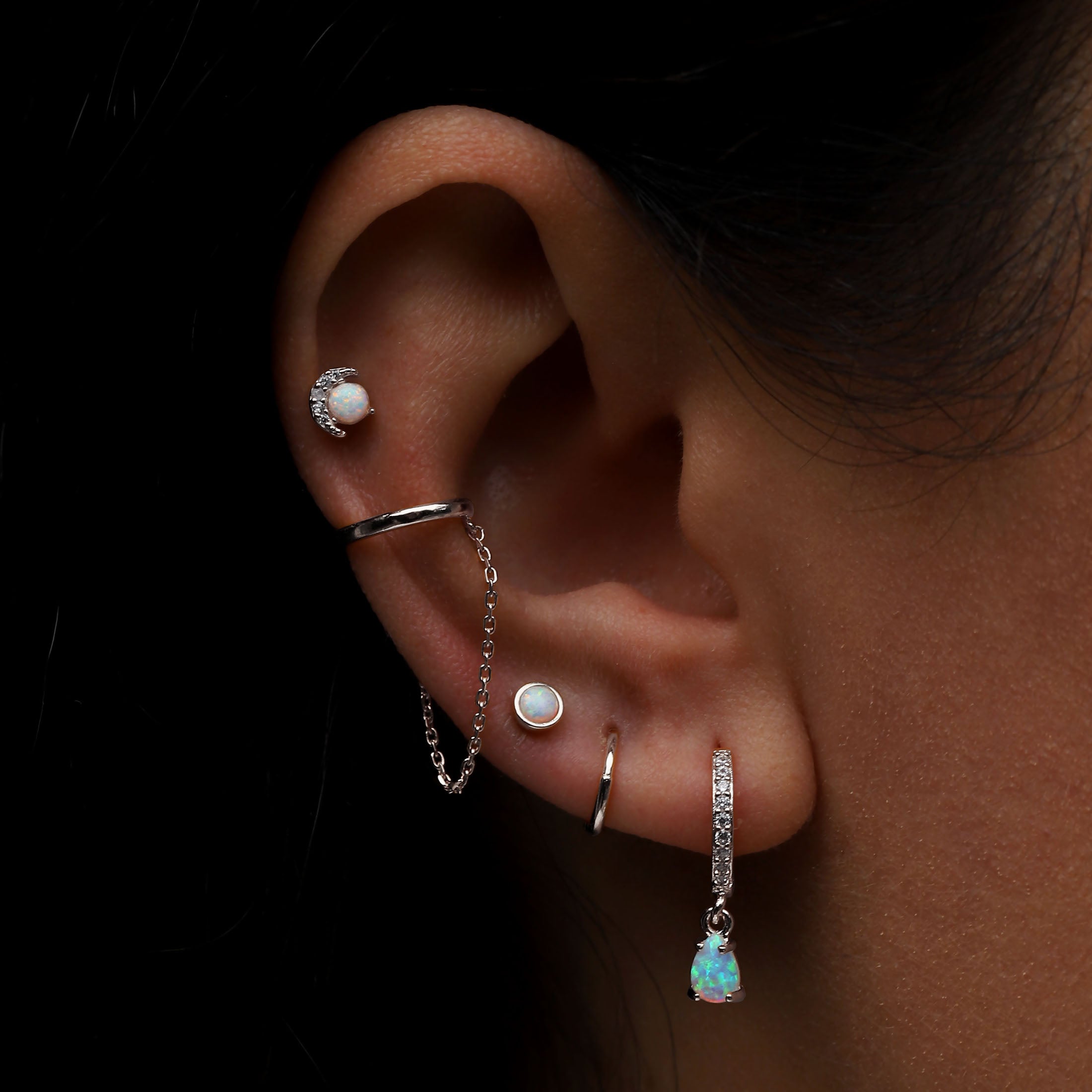 Selene Moon & Opal Tragus Helix & Conch Ear Piercing On Model - Sterling Silver