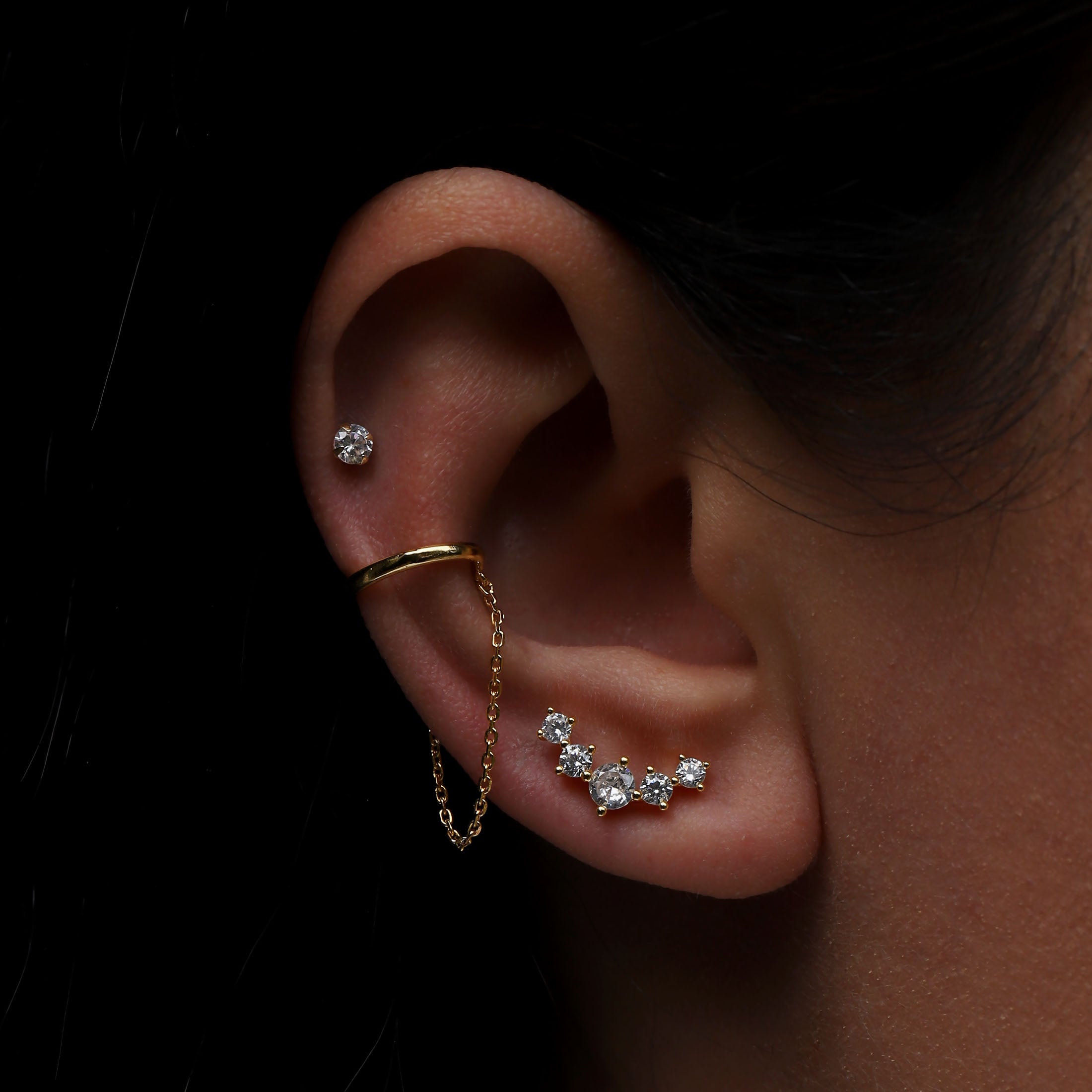 Solitaire Tragus Helix Cartilage & Conch Ear Piercing On Model - 14K Solid Gold
