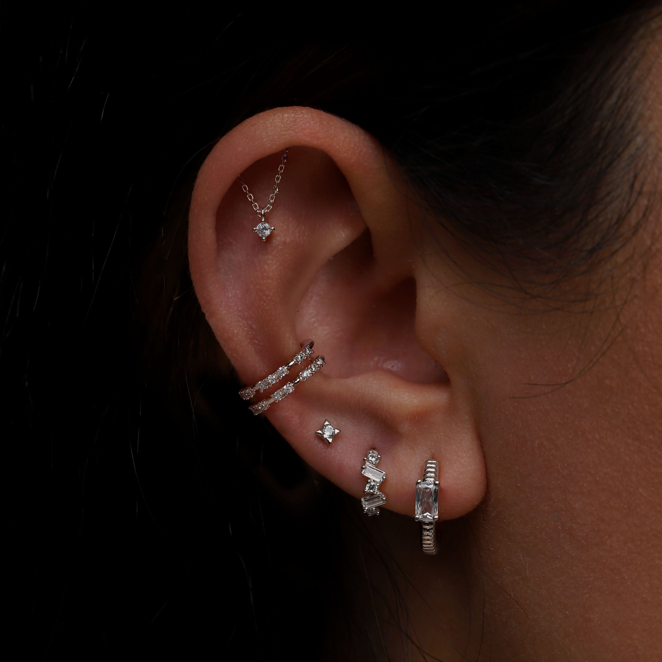 Sophia Chain Gemstone Helix Cartilage & Conch Ear Piercing On Model - Sterling Silver