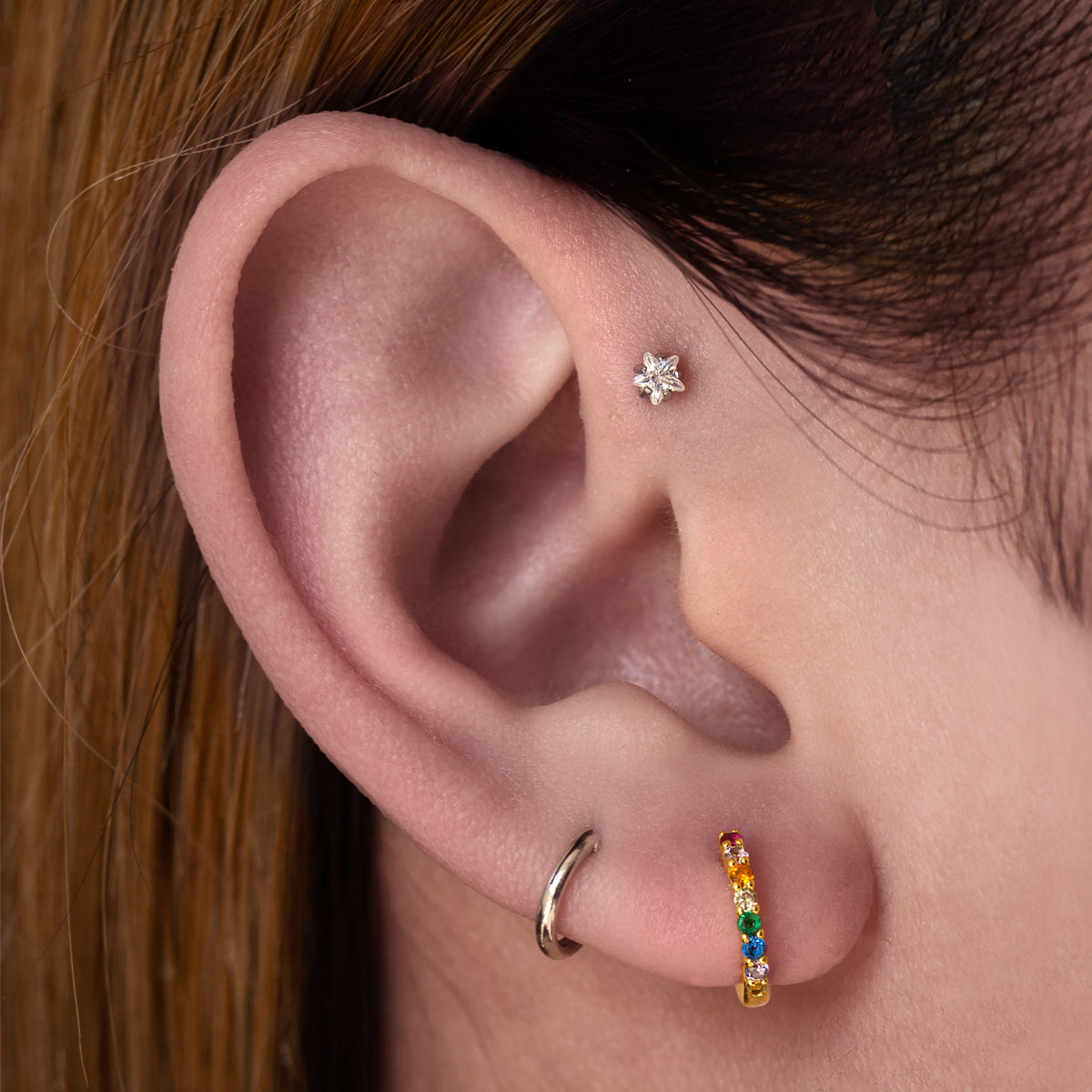 Stardrop Gemstone Helix Tragus & Cartilage Ear Piercing On Model - Gold