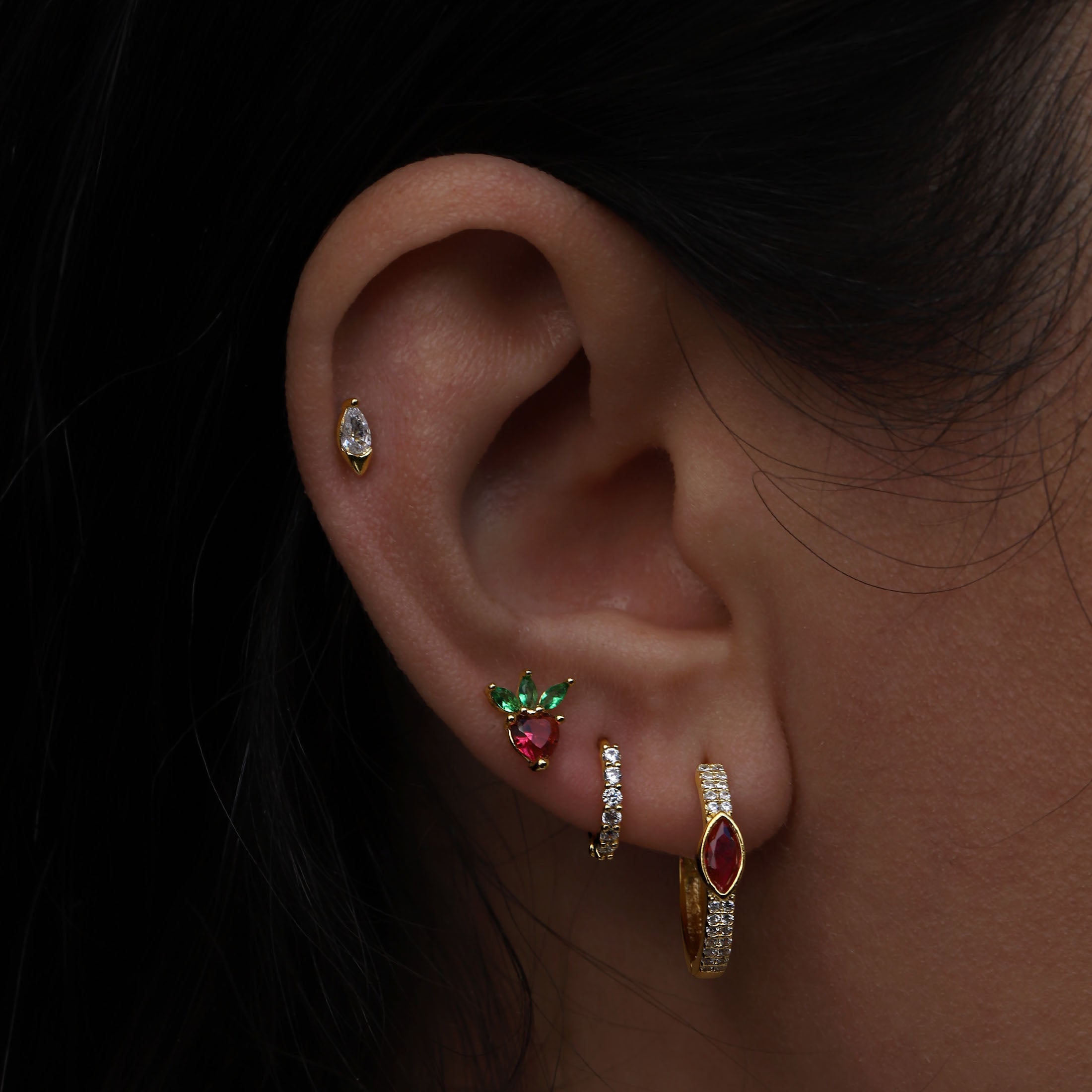 Strawberry Sundae Helix Tragus & Cartilage Ear Piercing On Model - Gold