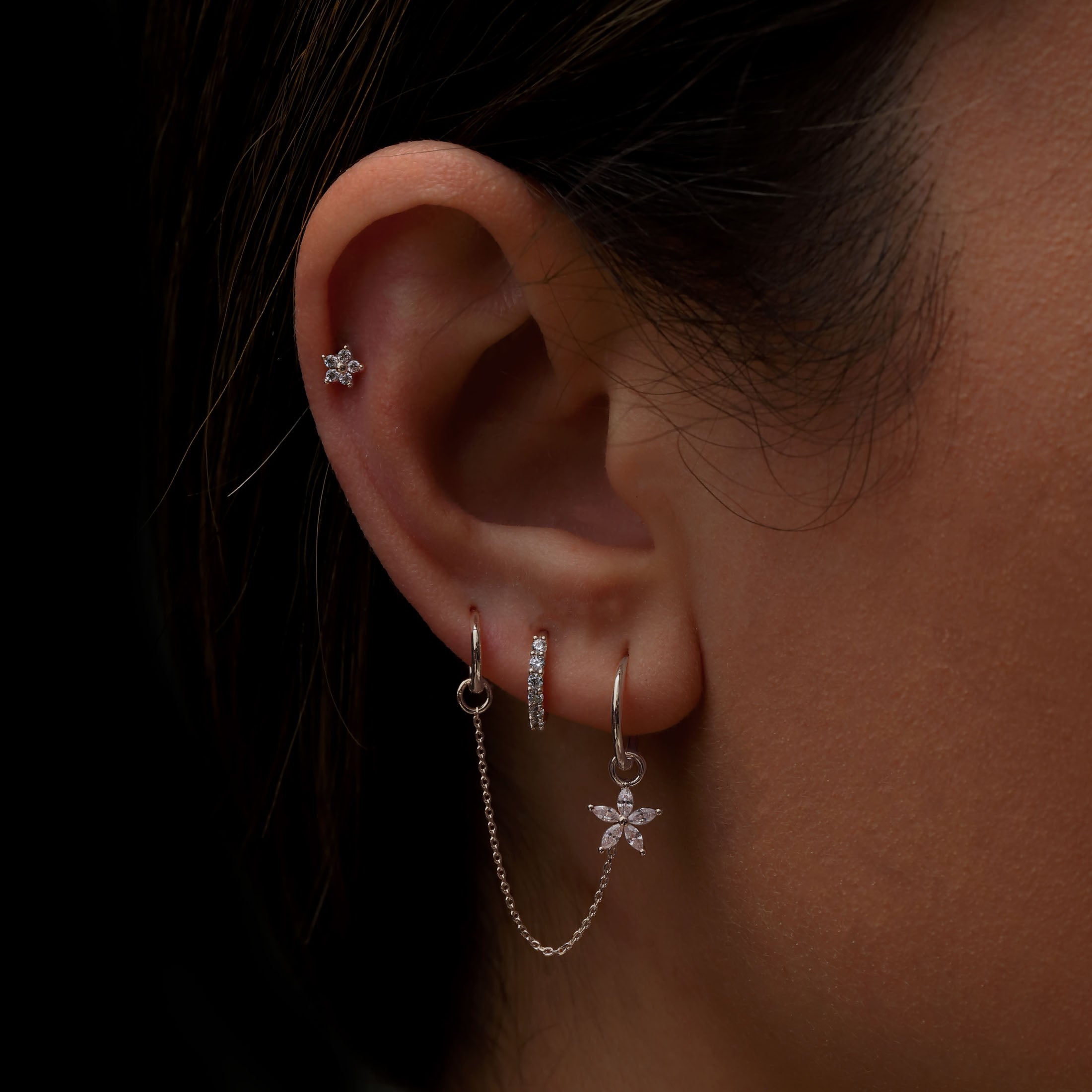 Dahlia Flower Gemstone Earring Charm On Model - Sterling Silver