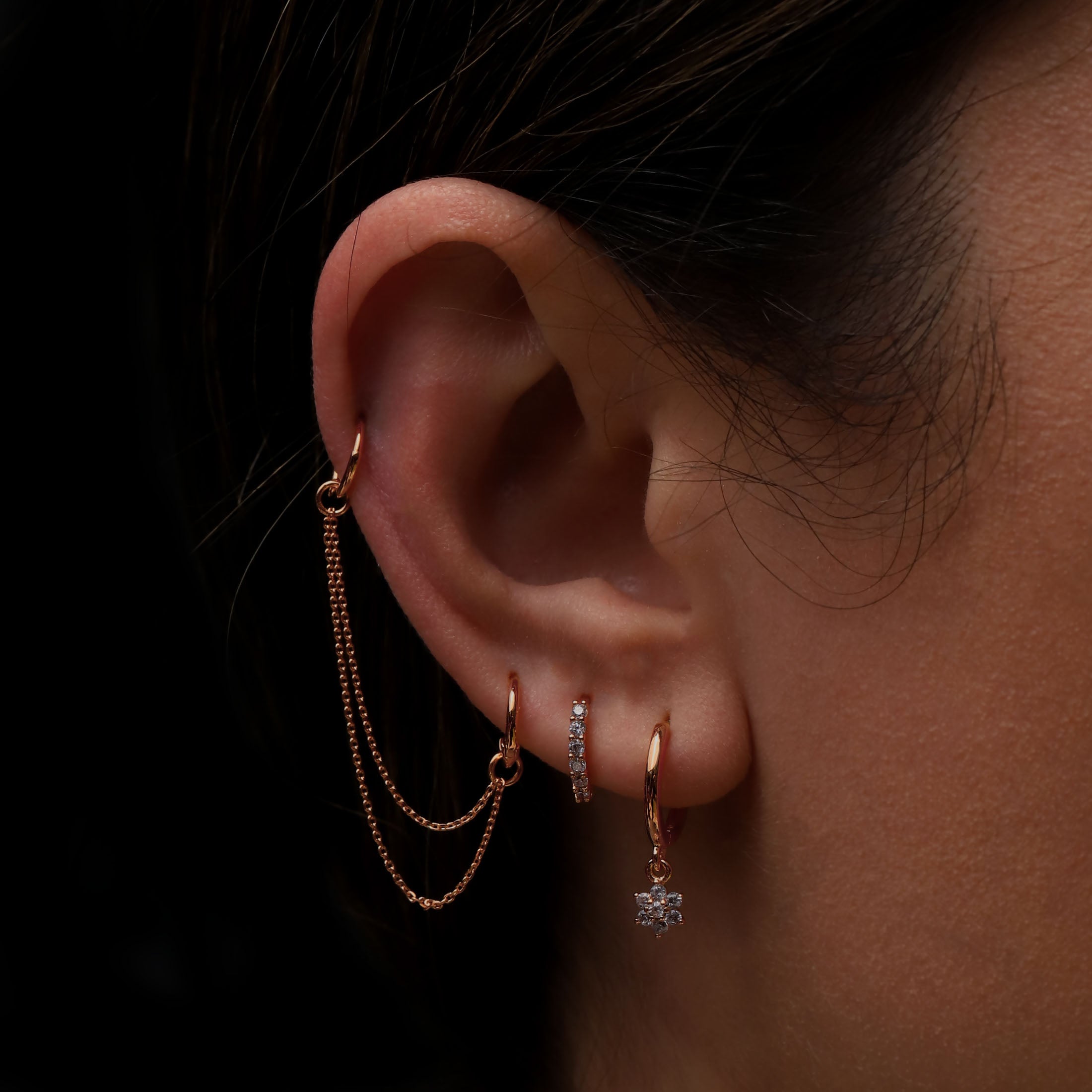 Fate Double Earring Chain On Model - Rose Gold