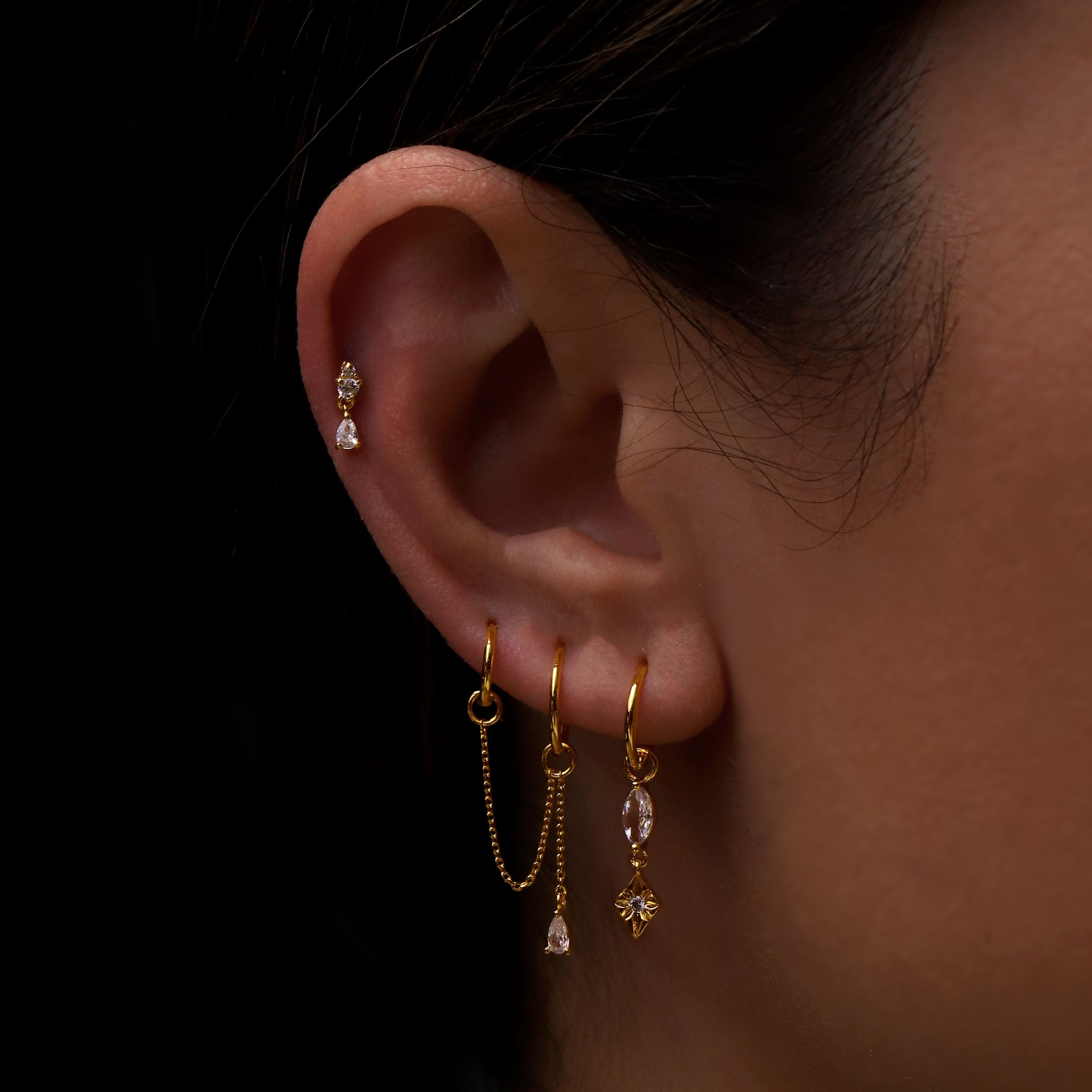 Teardrop Gemstone Chain Earring Charm On Model - Gold