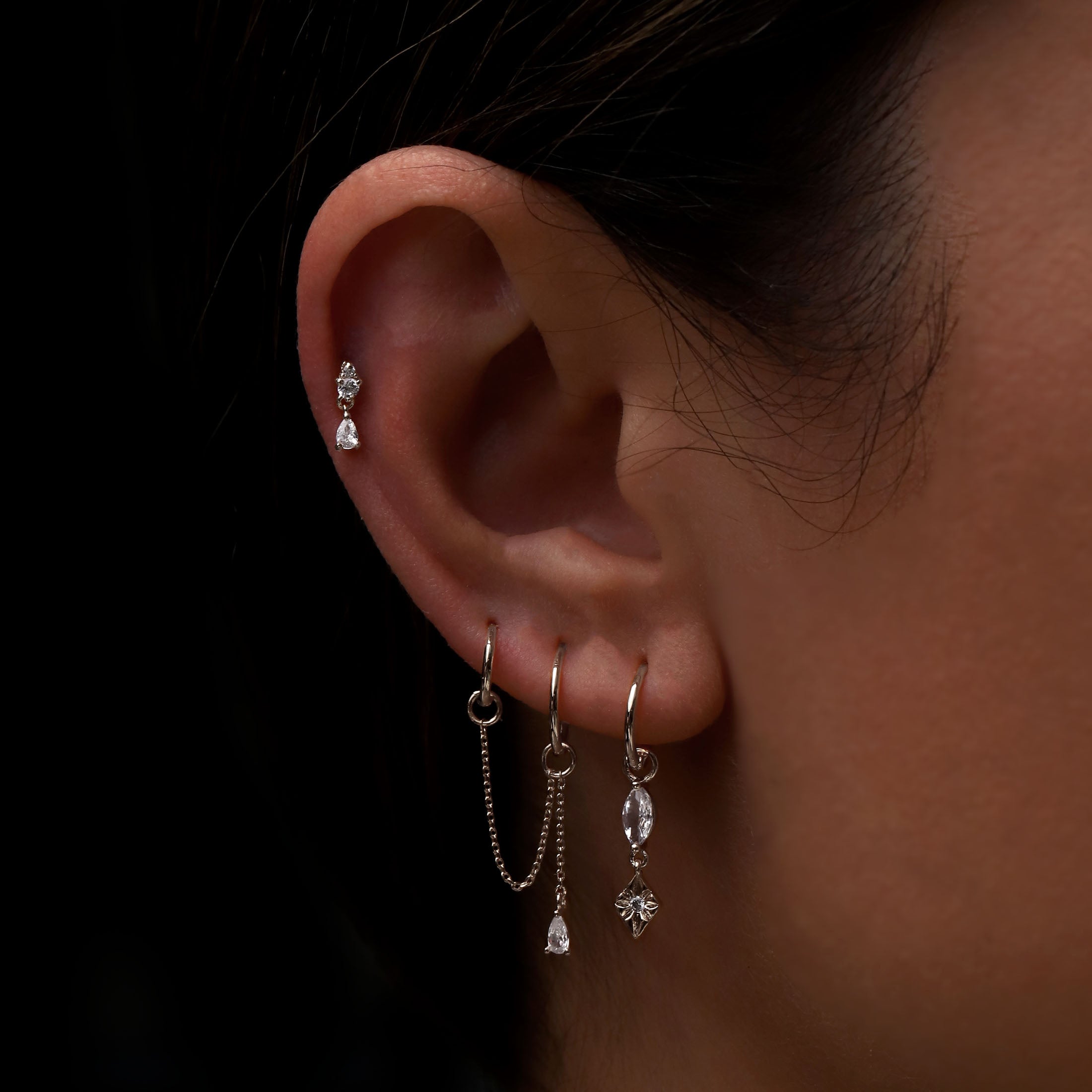 Teardrop Gemstone Chain Earring Charm On Model - Silver