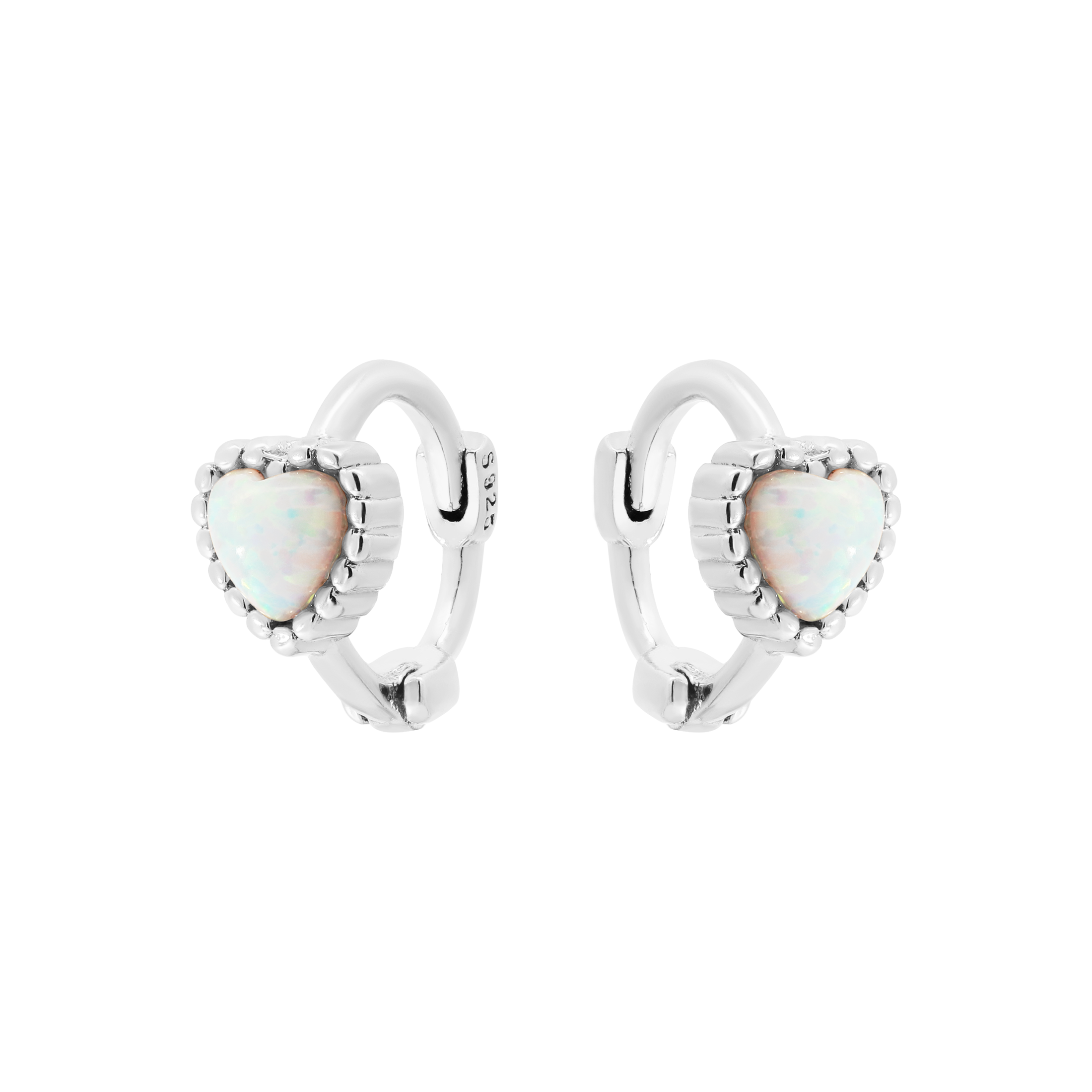 Affection Heart Opal Huggie Earring Hoops - Silver