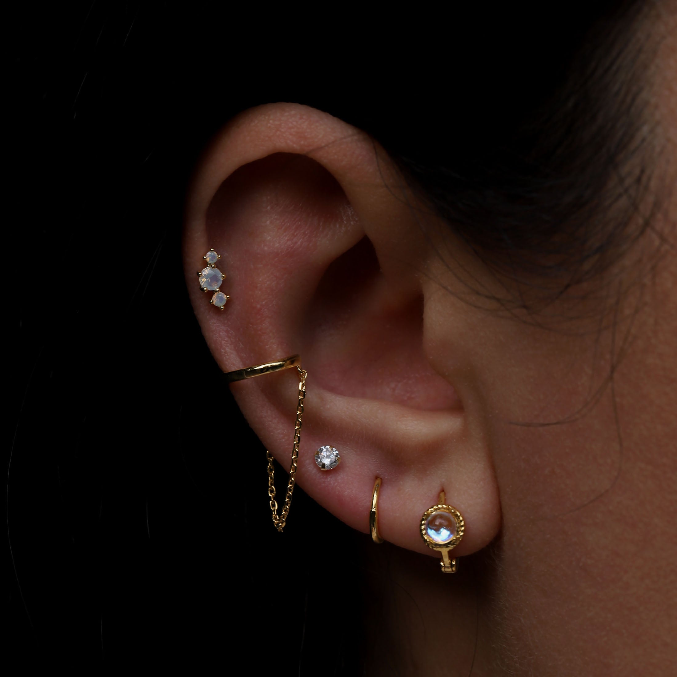 Ariel Moonstone Huggie Earring Hoops On Model - Gold