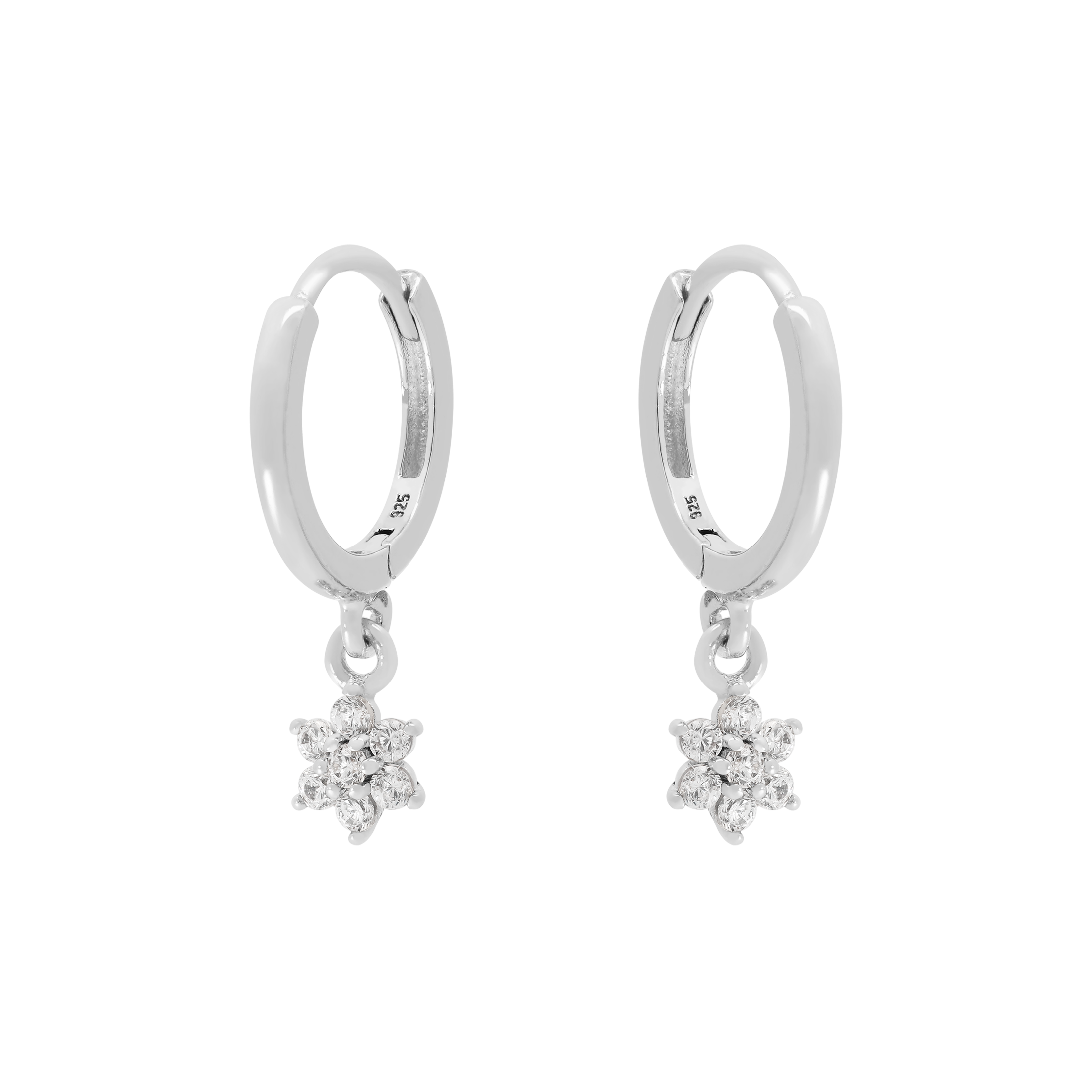 Bloom Flower Gemstone Charm Huggie Hoop Earrings - Sterling Silver