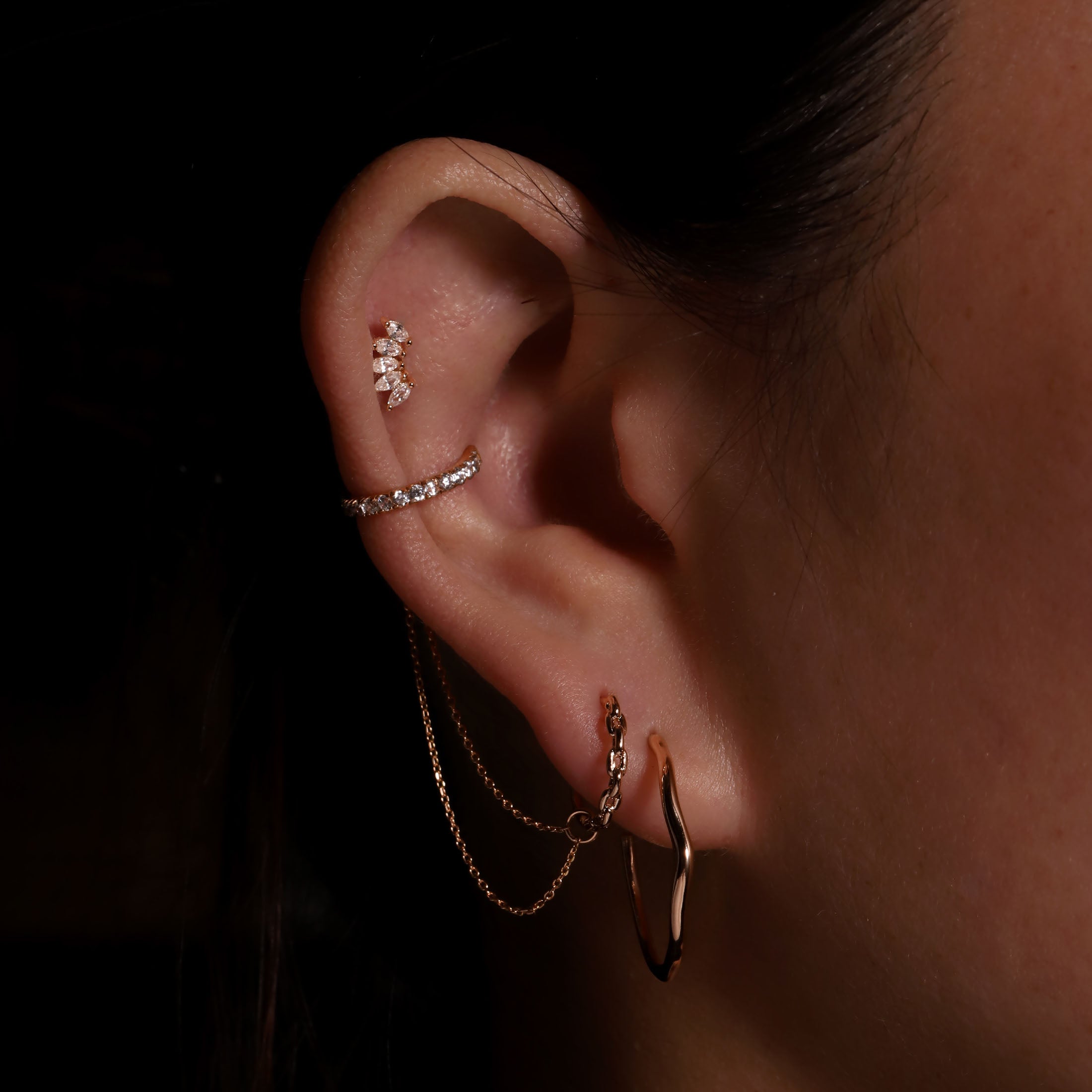 Bound Chain Link Earring Huggie Hoops  On Model 2 - Rose Gold