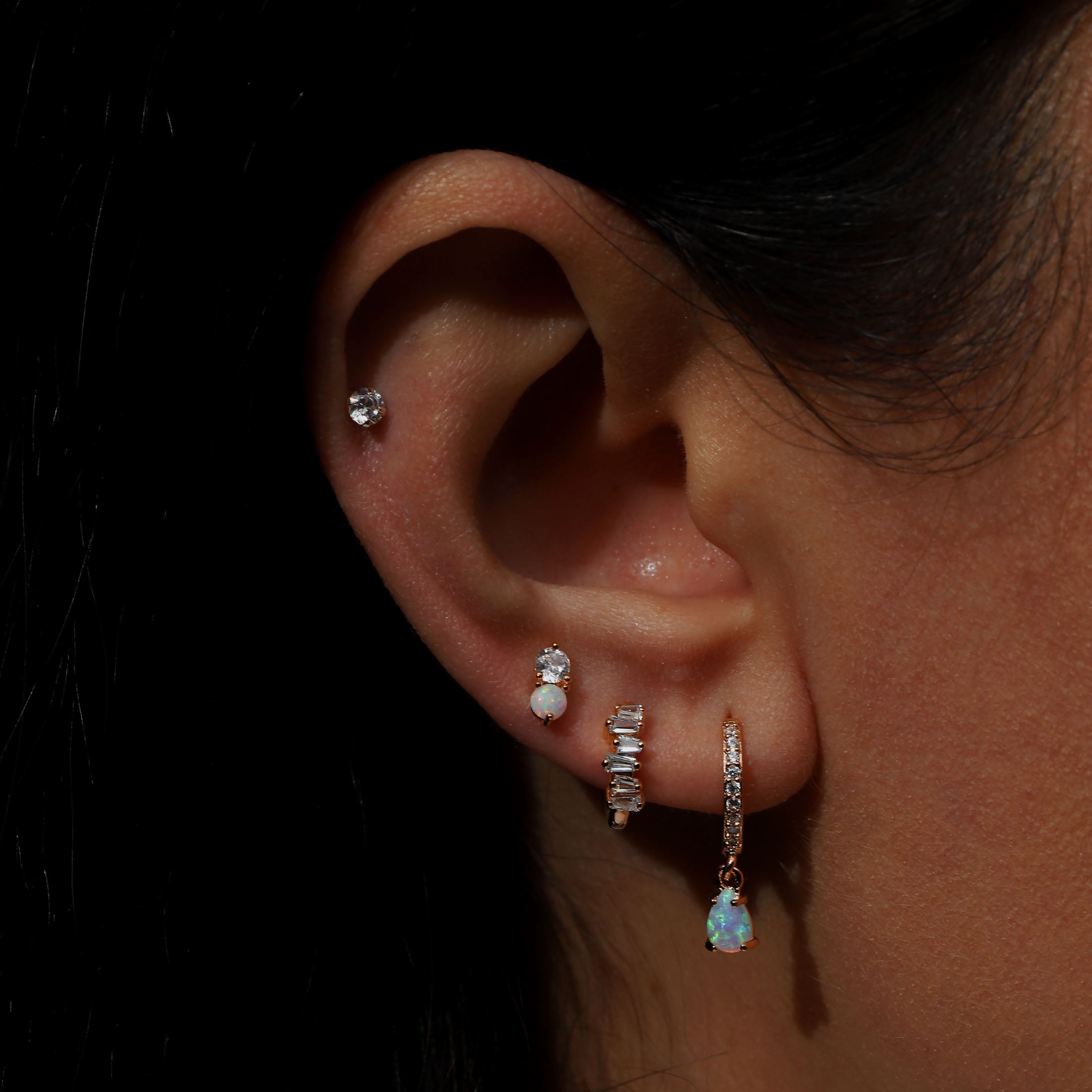 Daphne Gemstone Huggie Hoop Earrings On Model - Rose Gold