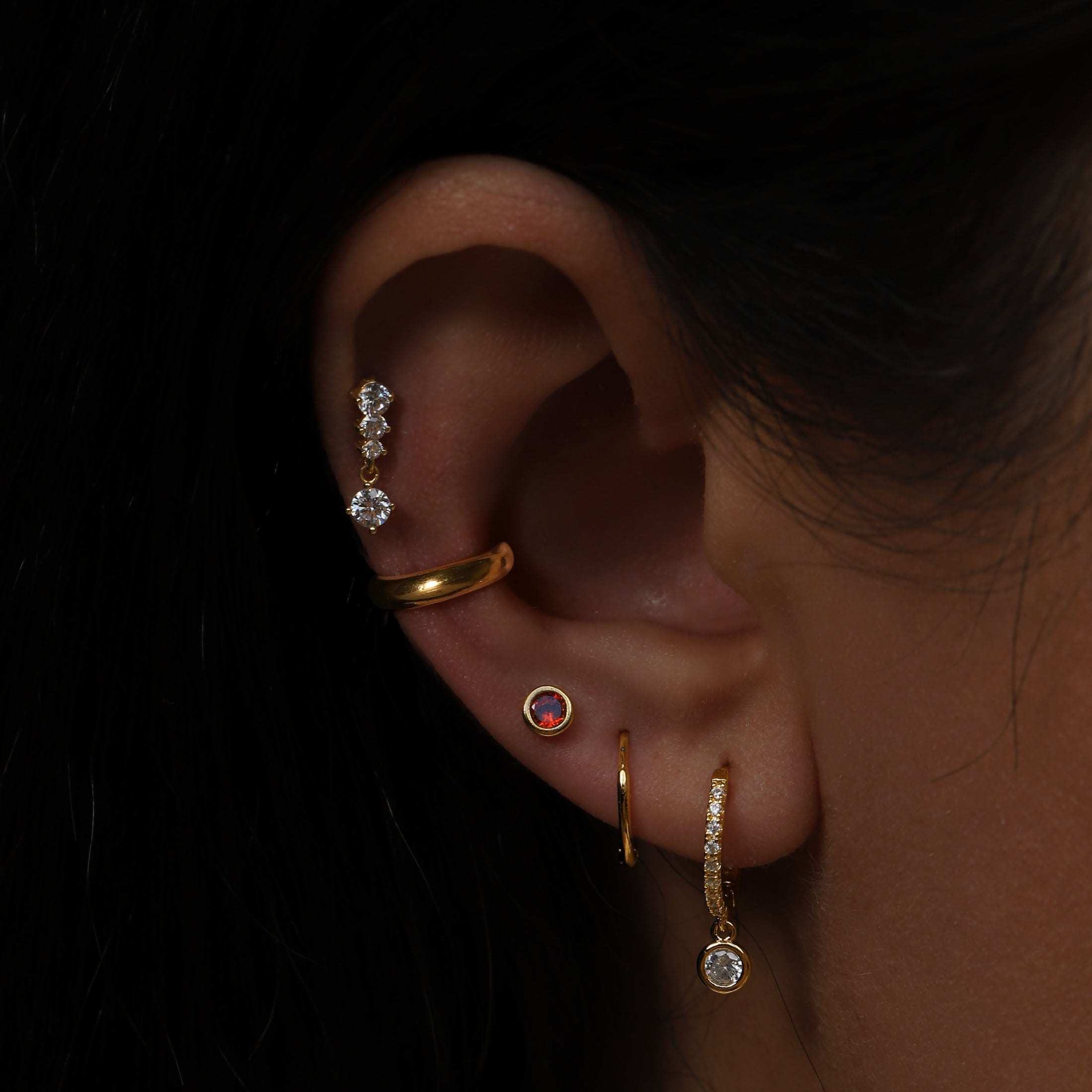 Decadent Gemstone Charm Huggie Hoop Earrings On Model - Gold