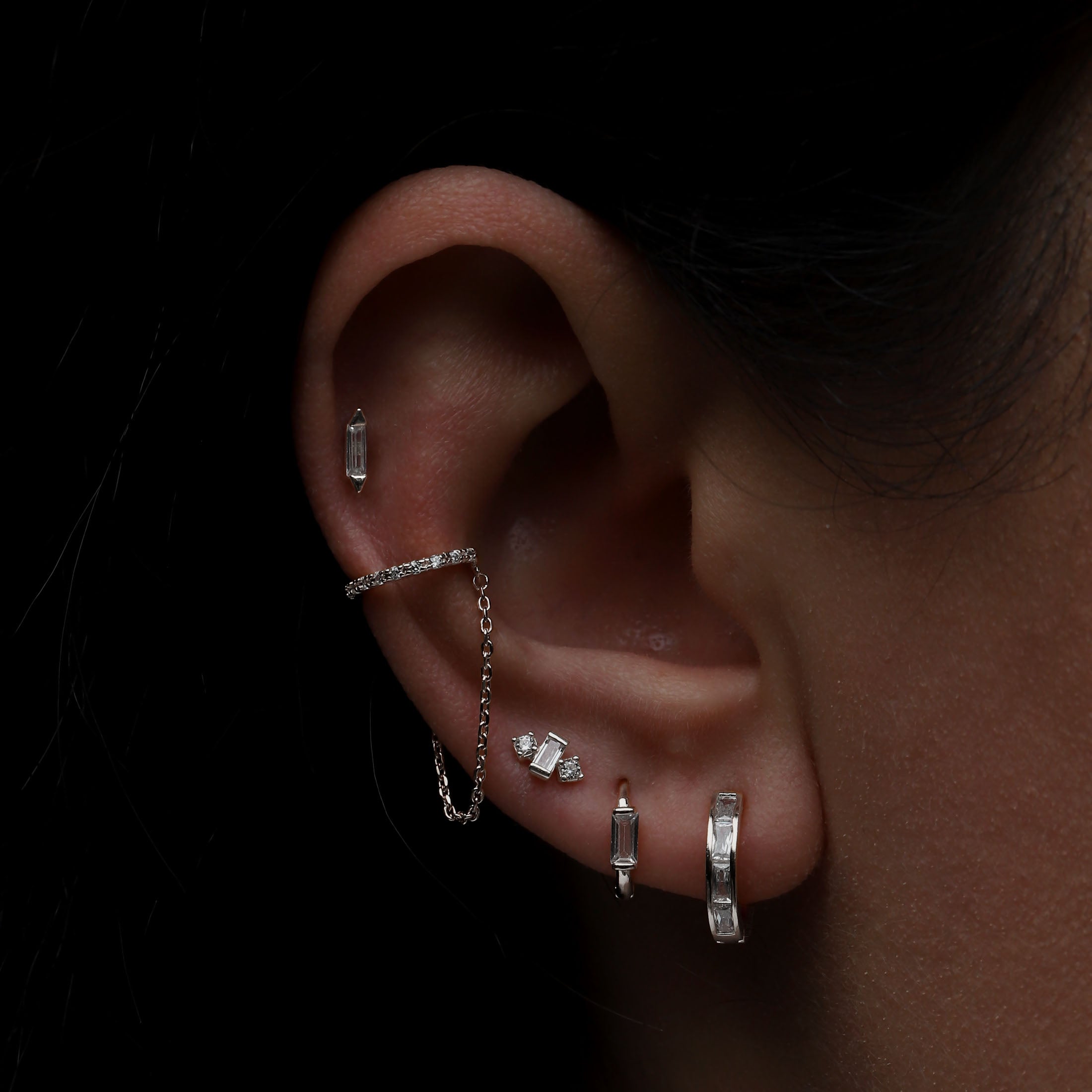 Veronica Gemstone & Chain Ear Cuff On Model - Sterling Silver