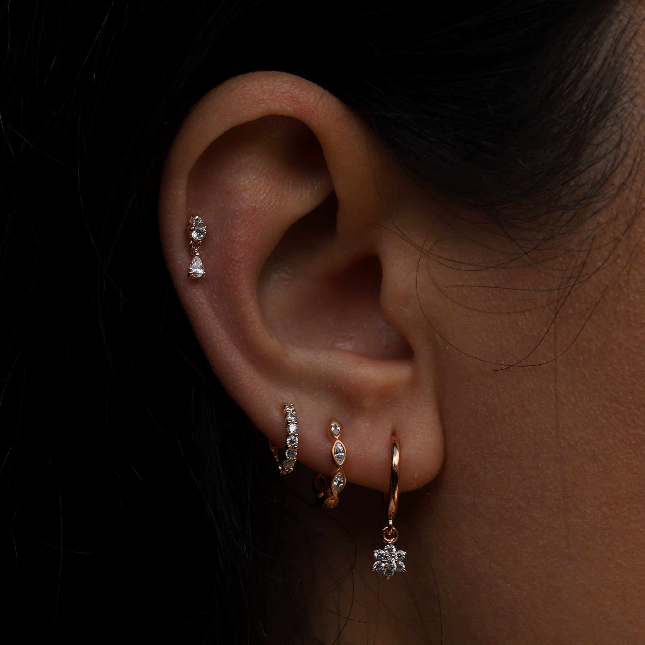 Dimple Olive Gemstones Huggie Earring Hoops On Model - Rose Gold